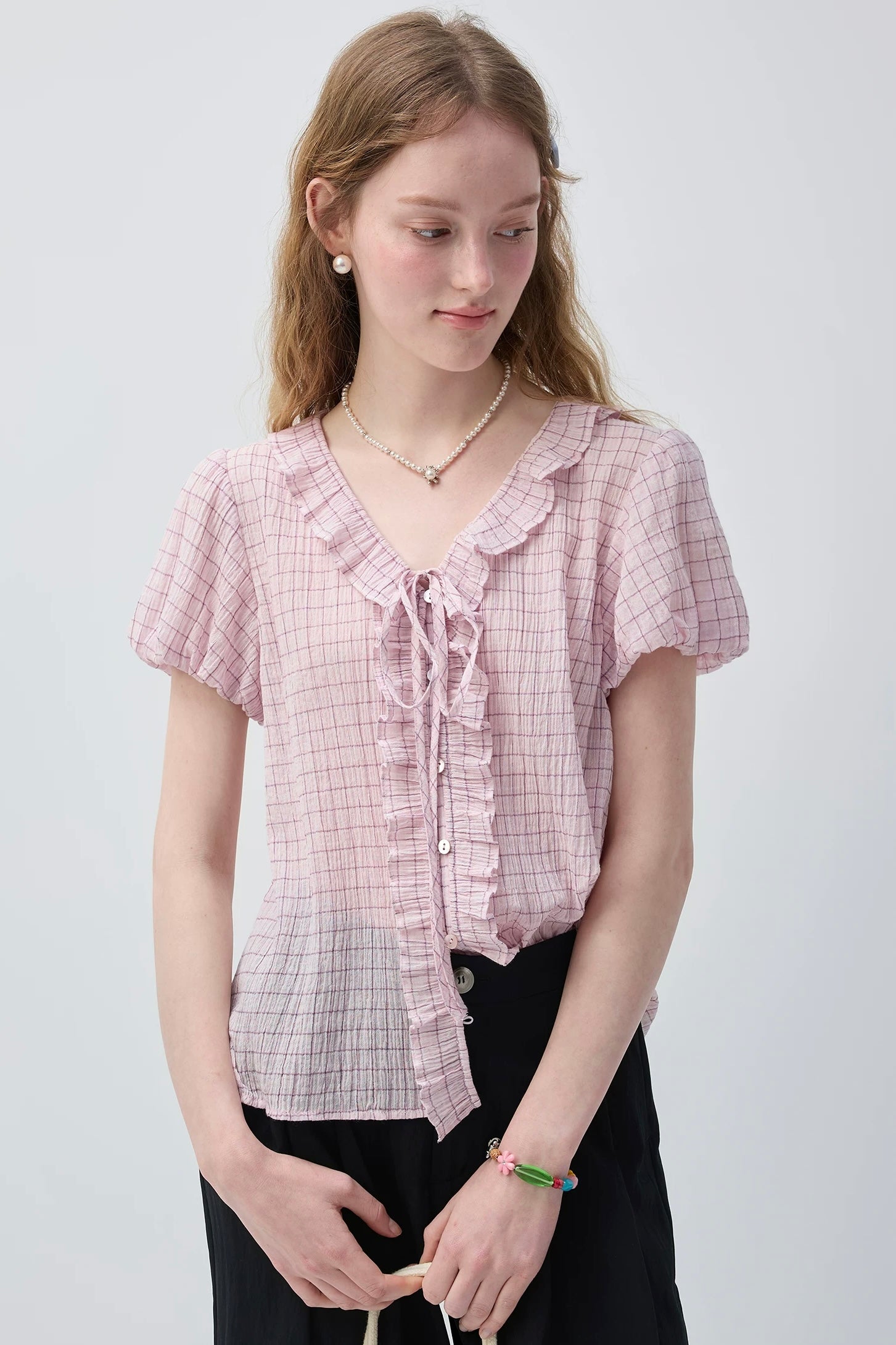 ピンクチェックフリルリボンブラウスC3769