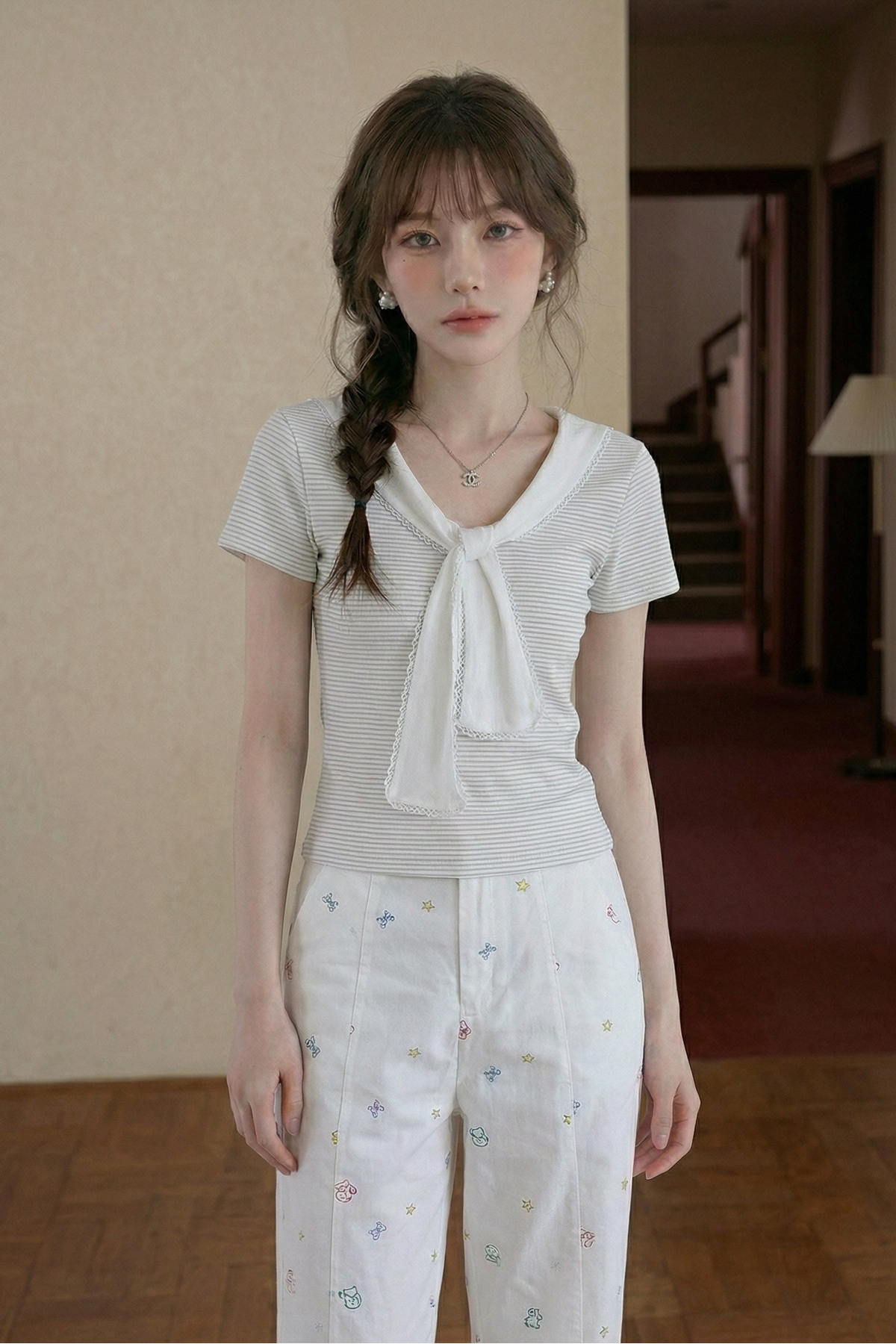 Vネックレースアップルーズ半袖TシャツC3786