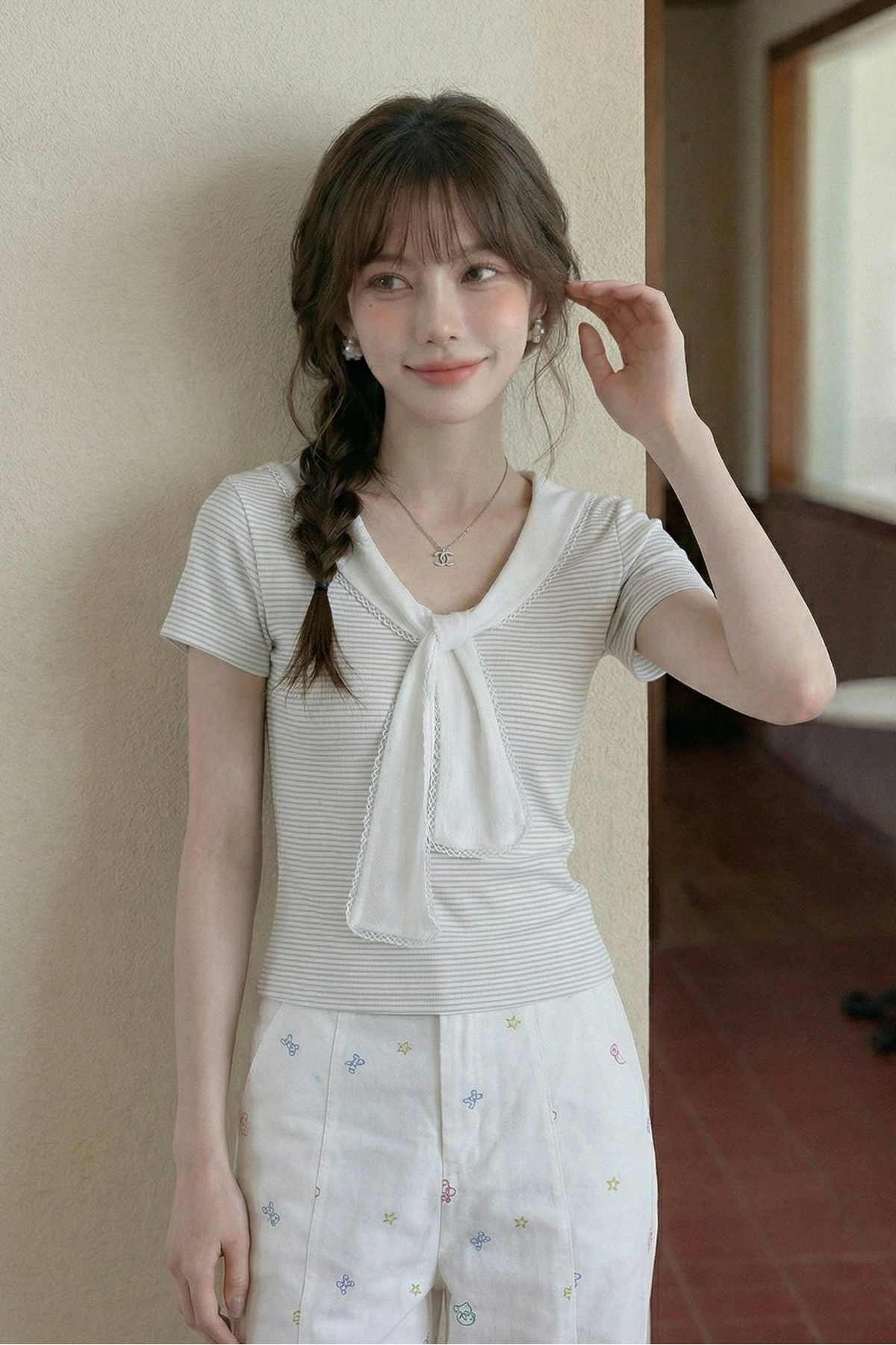 Vネックレースアップルーズ半袖TシャツC3786