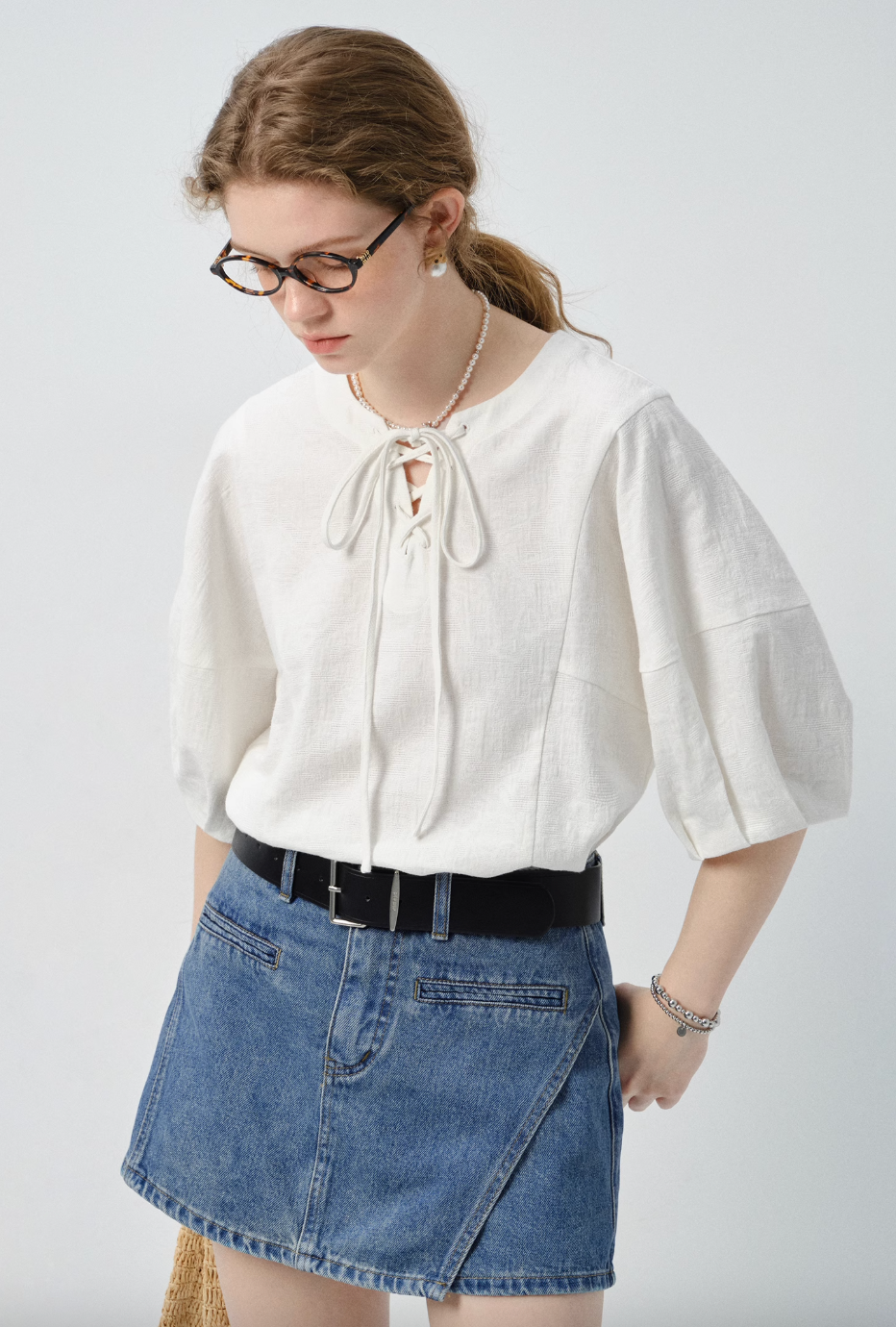 レースアップバルーンスリーブブラウスC2843