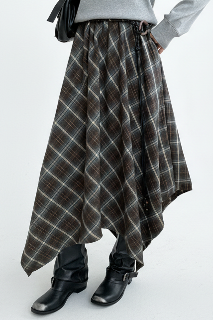 ロングスリーブトップス × アシメチェックフレアスカート セット T3007