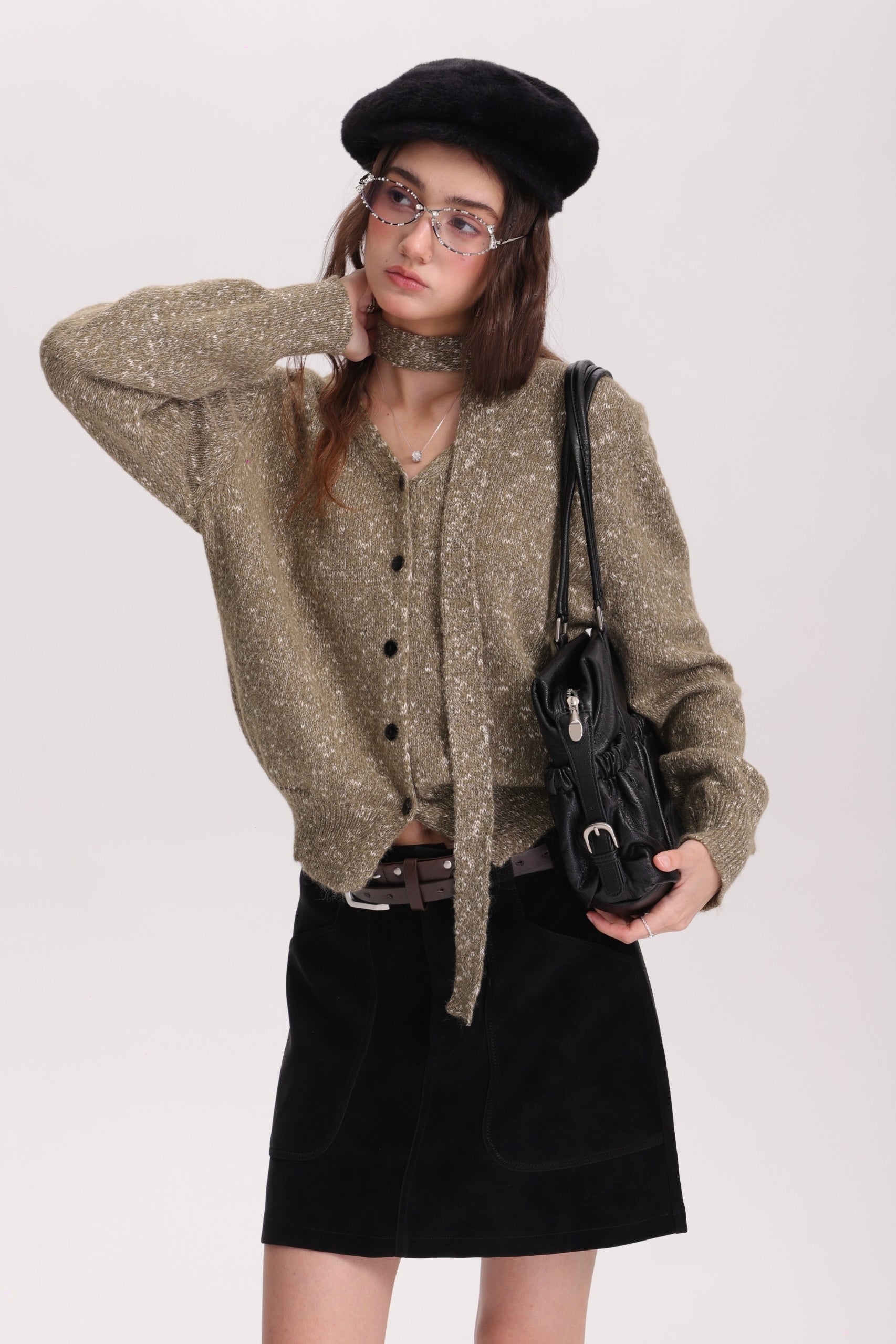 メランジVカーデ × グレーミニスカートセットT3002