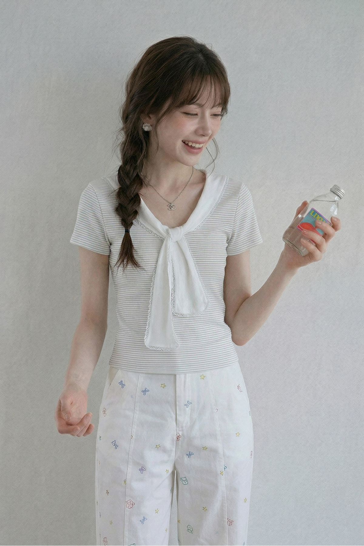 Vネックレースアップルーズ半袖TシャツC3786
