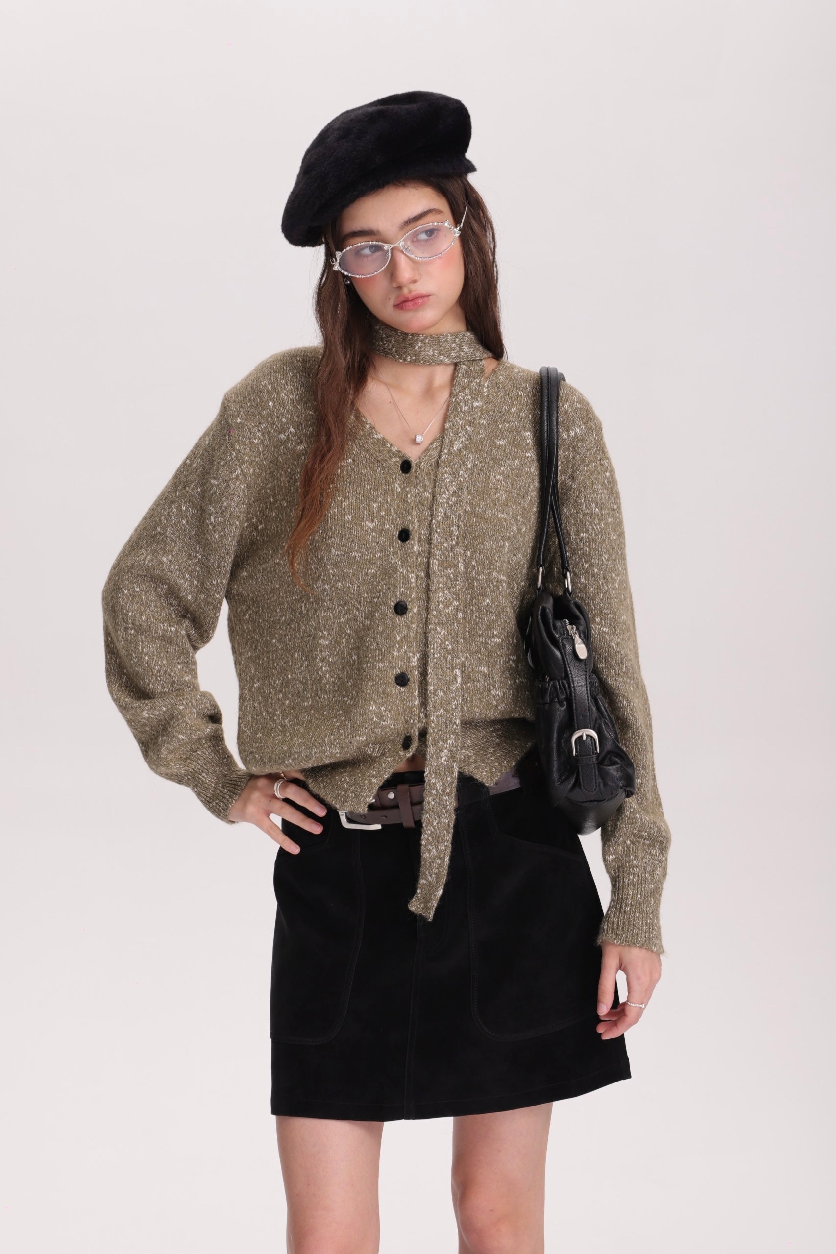 メランジVカーデ × グレーミニスカートセットT3002