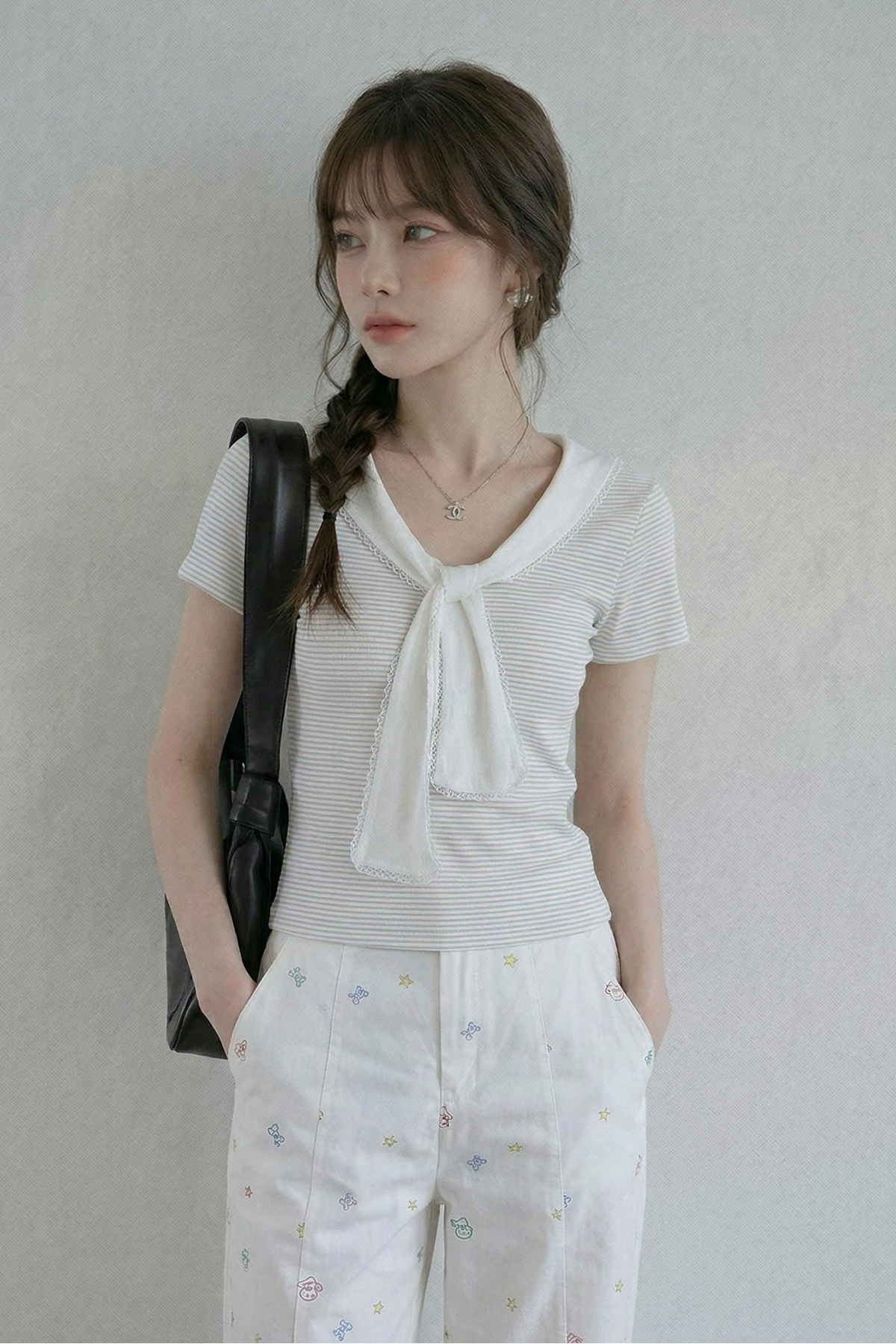 Vネックレースアップルーズ半袖TシャツC3786