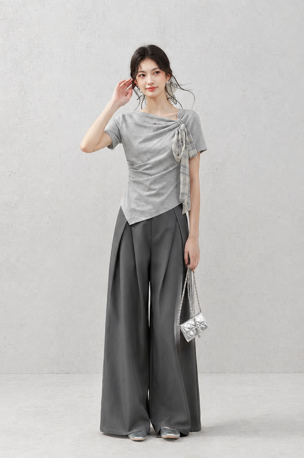 モードシルエットアシンメトリーショルダーTシャツC3663