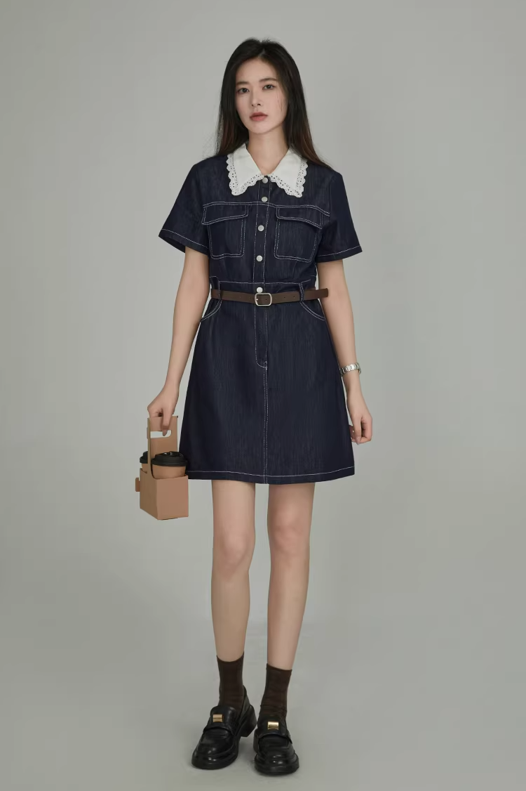 【即納】ウエストシェイプデニムワンピース C0678