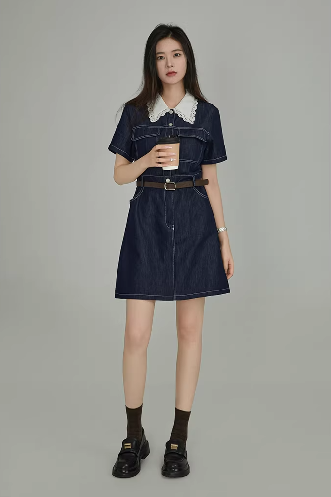 【即納】ウエストシェイプデニムワンピース C0678