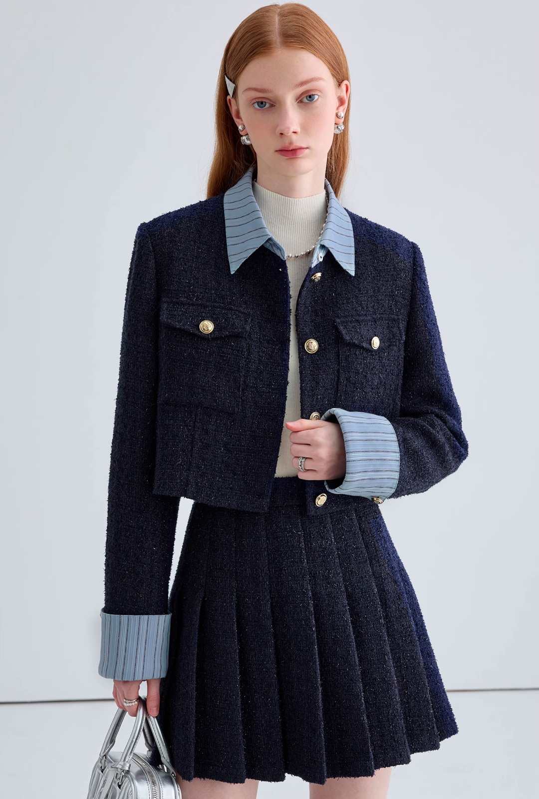 【即納】ネイビーバイカラーツイードジャケット(セットアップ可能)C1459