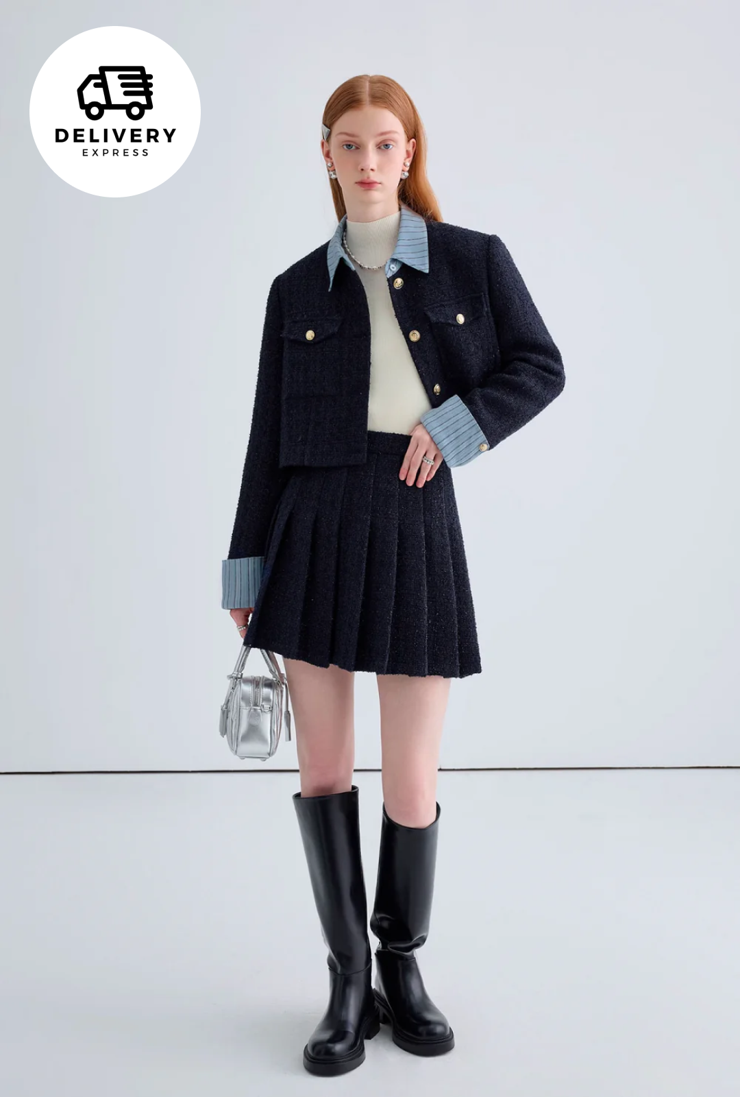 【即納】ネイビープリーツツイードミニスカート(セットアップ可能)C1458