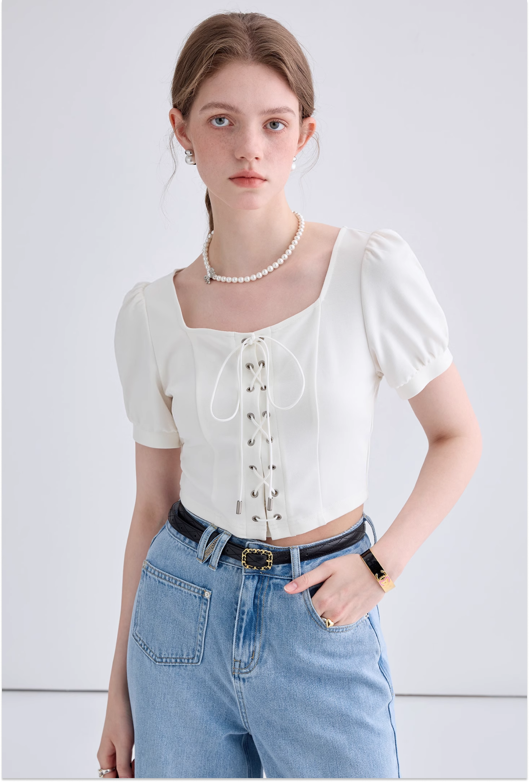 Lace-up puff sleeve blouse C1718