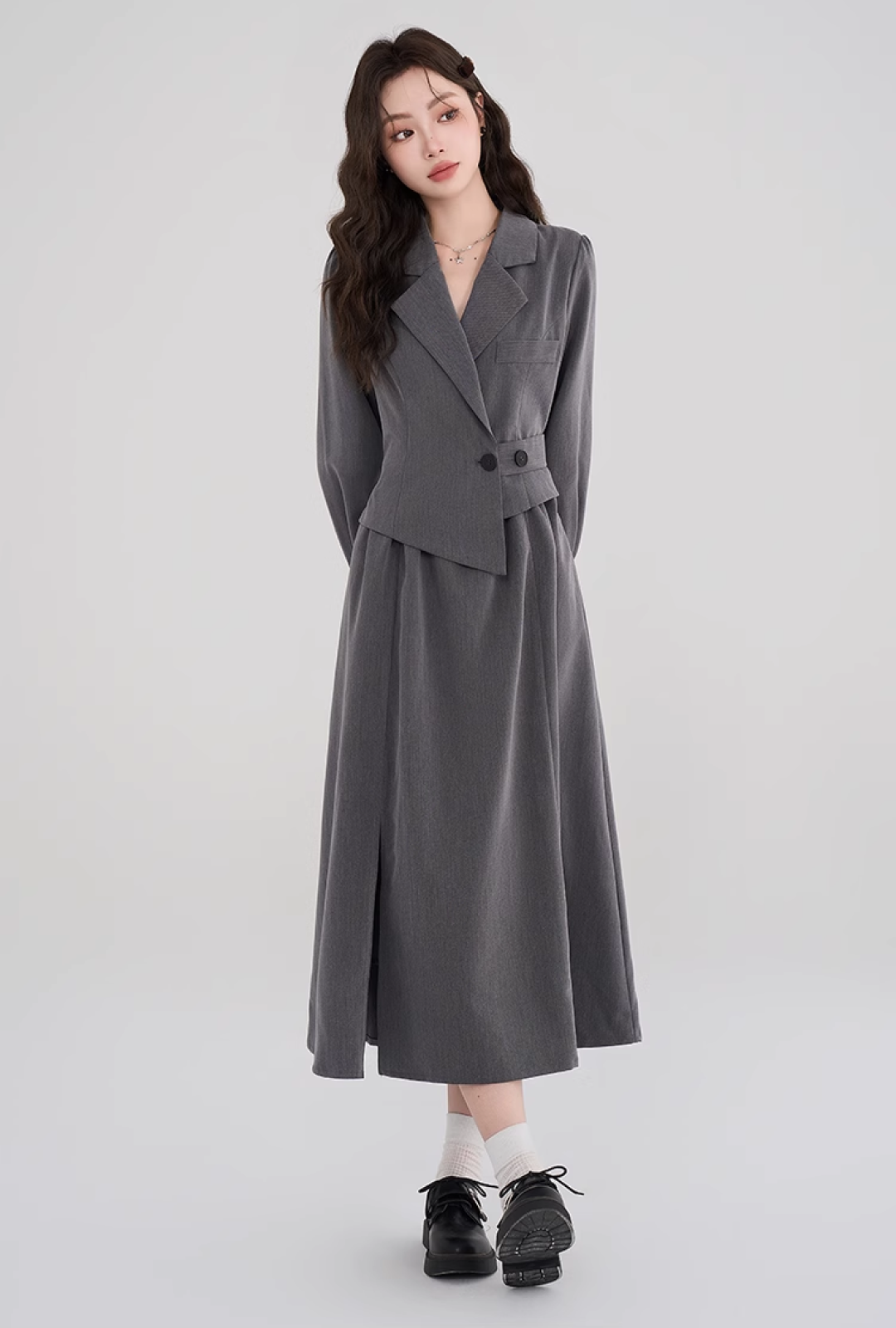 【即納】アシンメトリーグレースーツドレスC2434