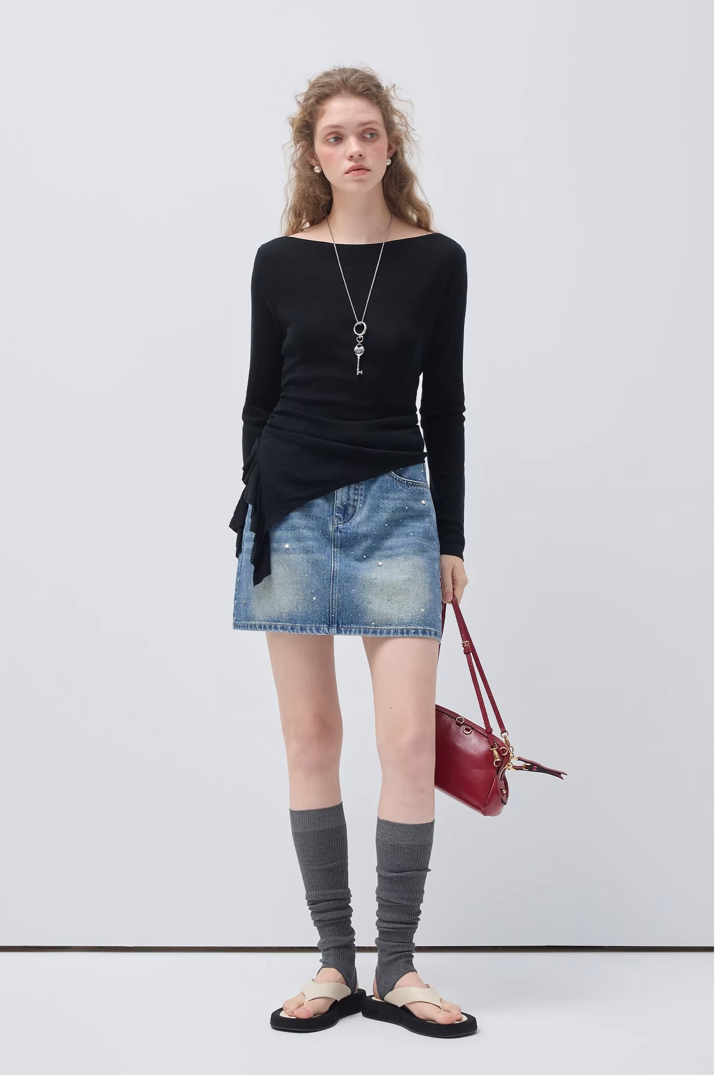 ラインストーン ディテールデニムミニスカート
C3455