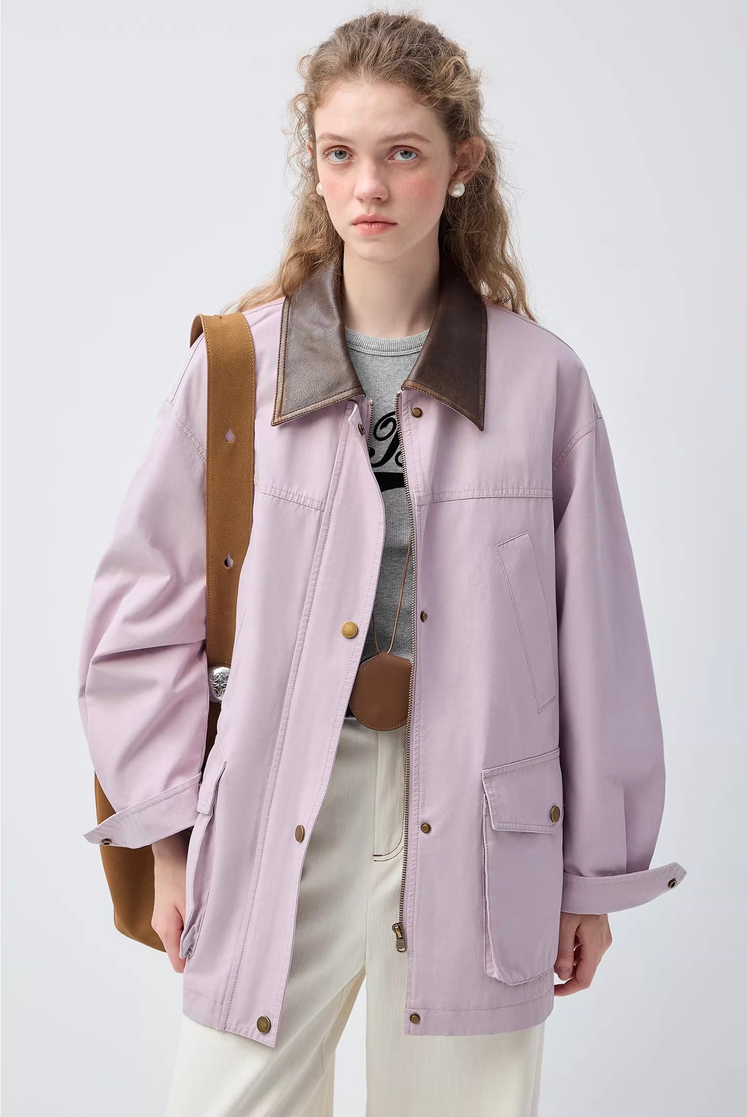 ラベンダーパープルレザーコンビジャケットC3468