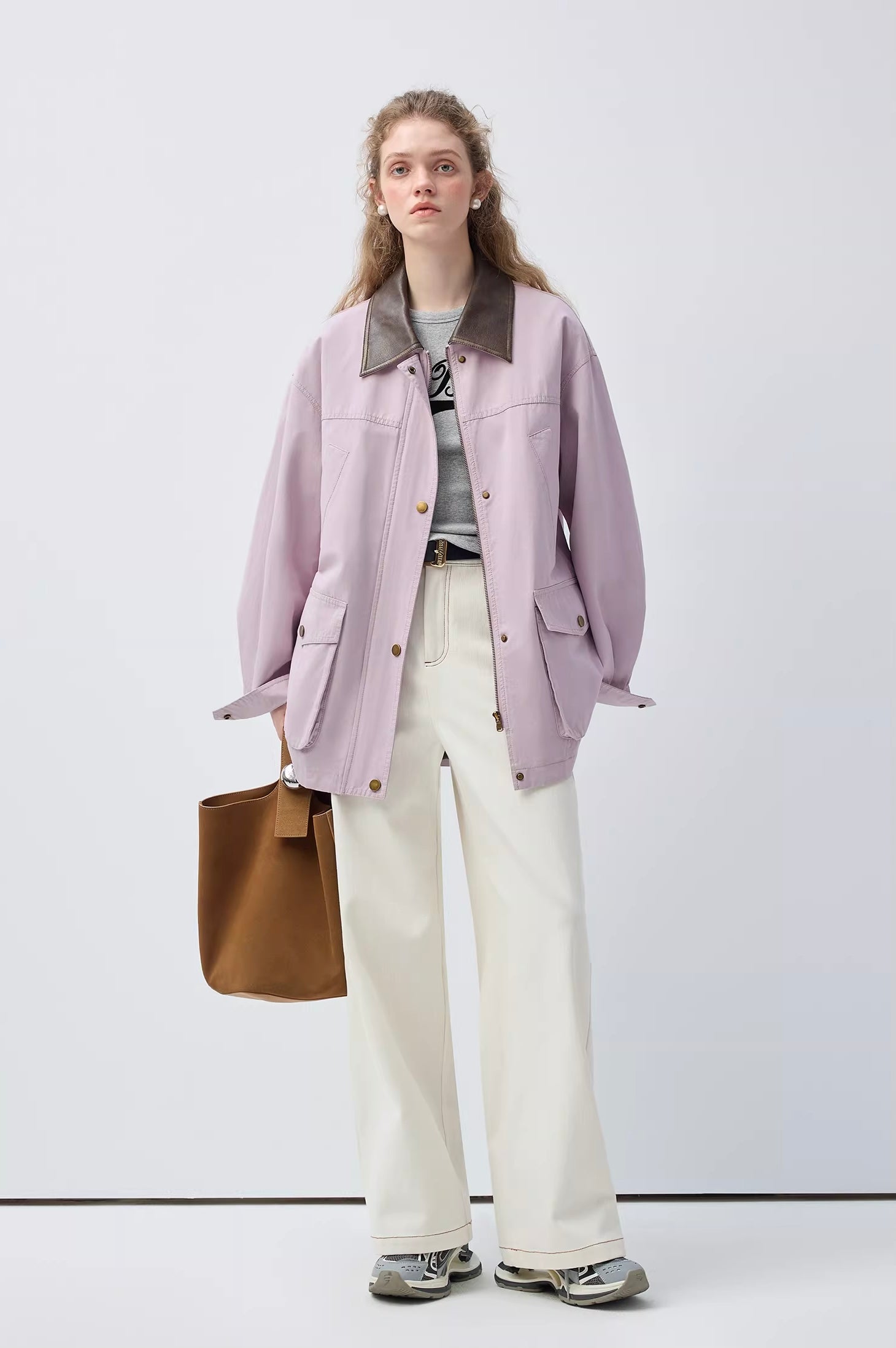 ラベンダーパープルレザーコンビジャケットC3468