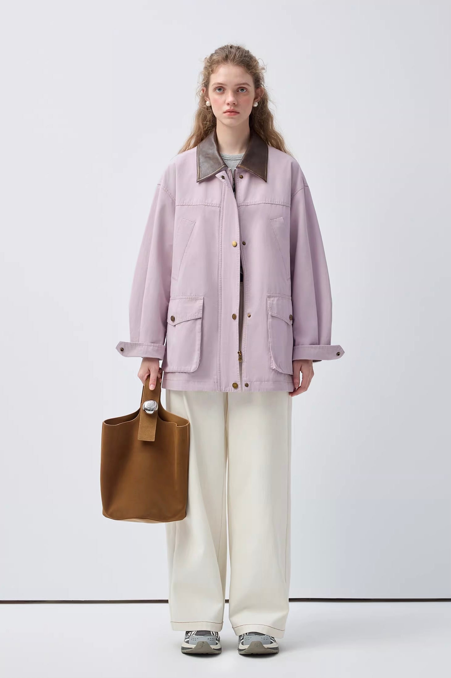 ラベンダーパープルレザーコンビジャケットC3468