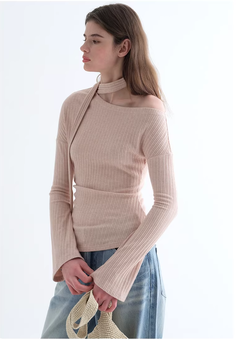 ワンショルダー リボンデザイン コンパクトフィットトップスC3487