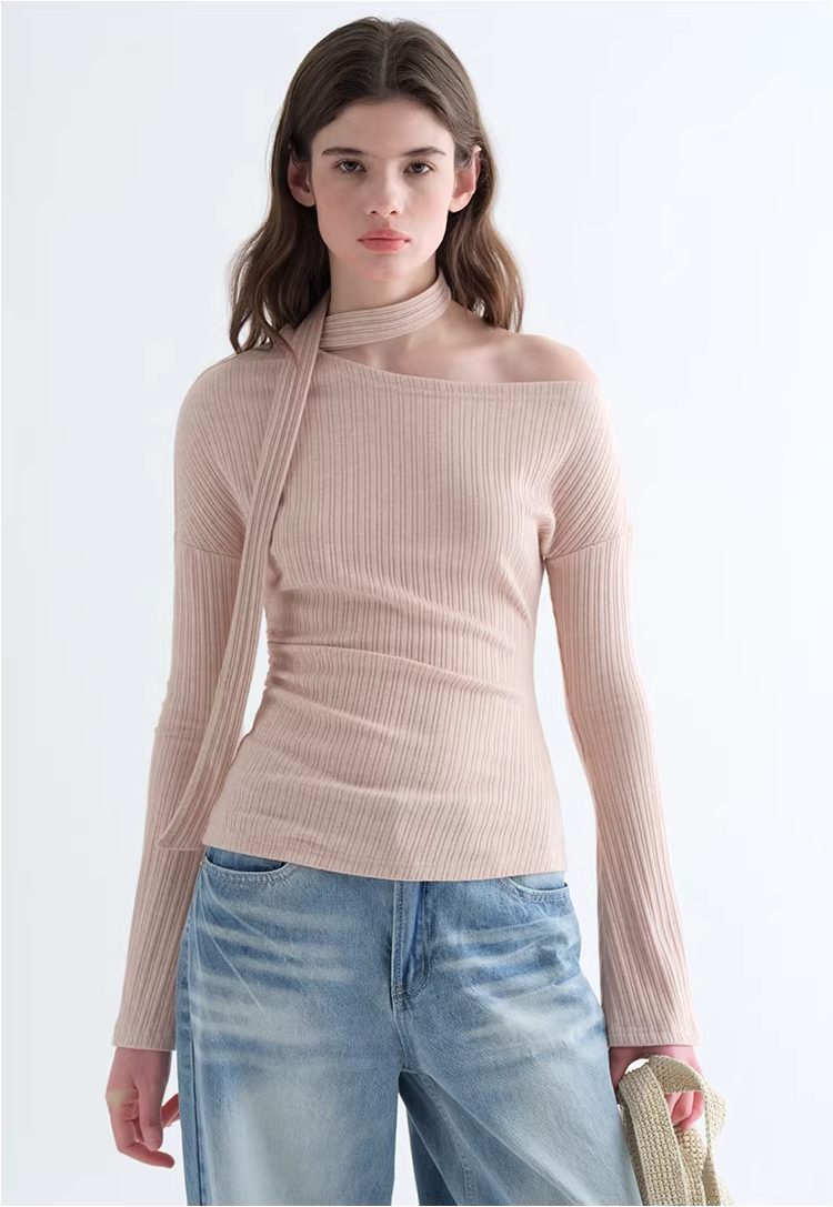 ワンショルダー リボンデザイン コンパクトフィットトップスC3487