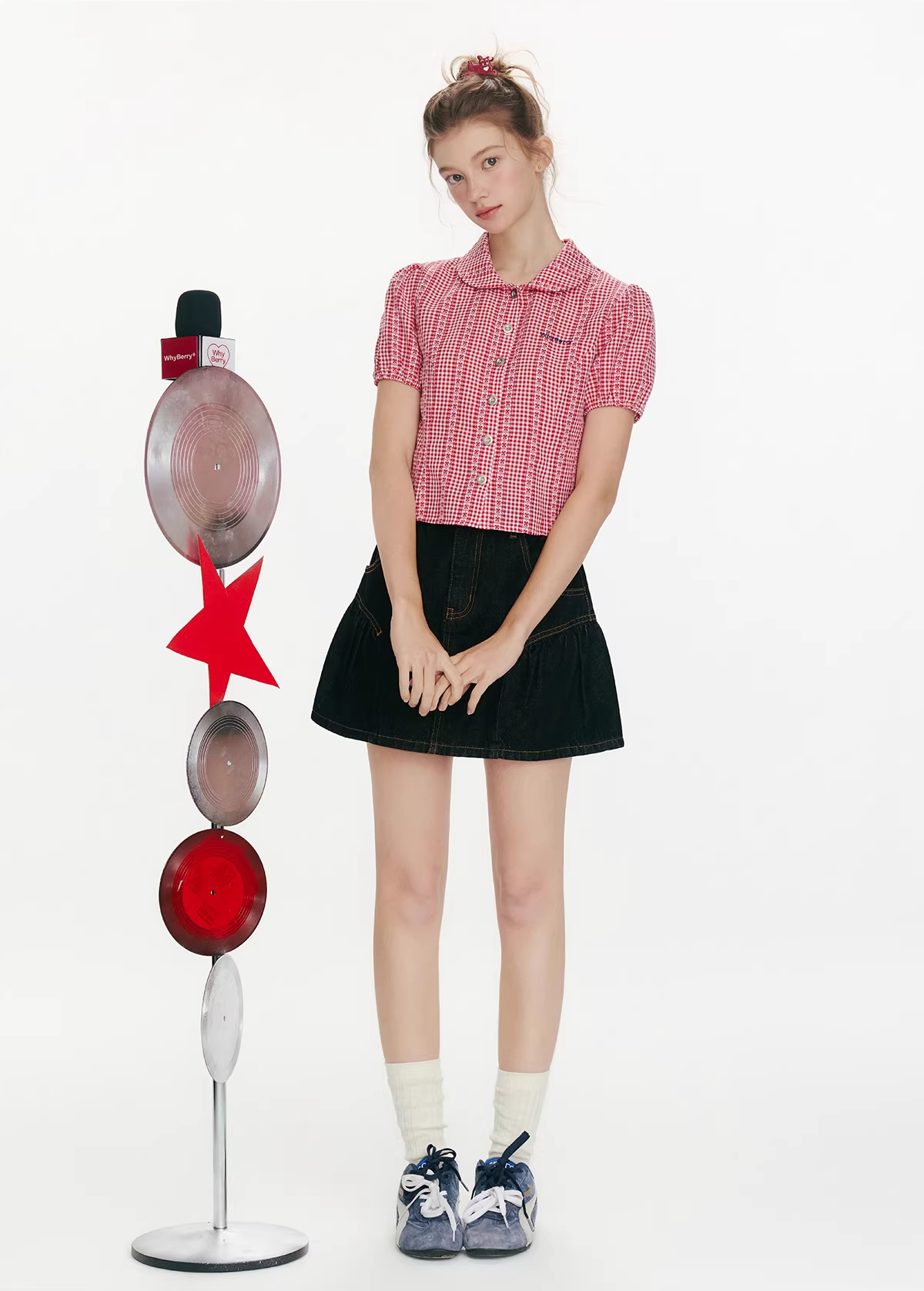 【即納】チェック セーラーカラー半袖ブラウスC3485