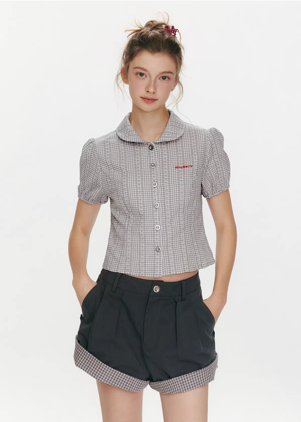 【即納】チェック セーラーカラー半袖ブラウスC3485