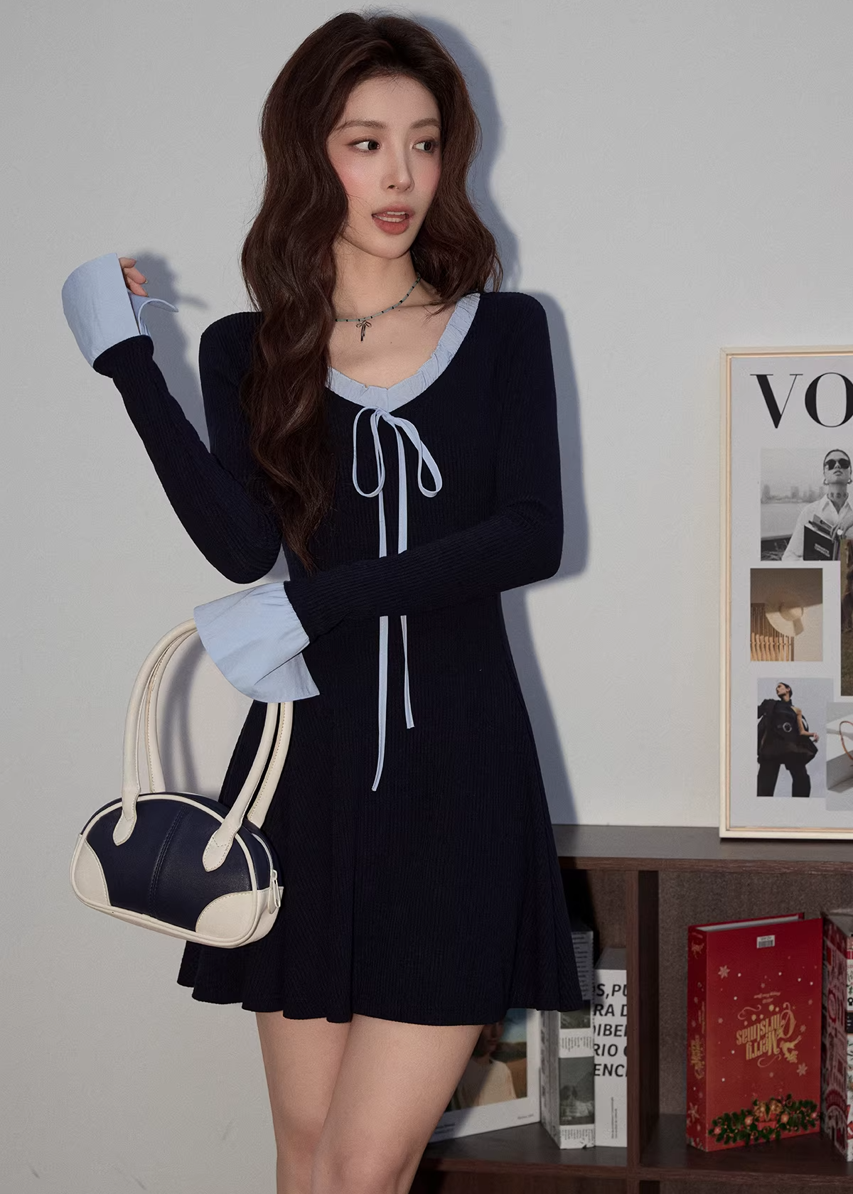 【即納】フレンチVネックニットドレスC3490