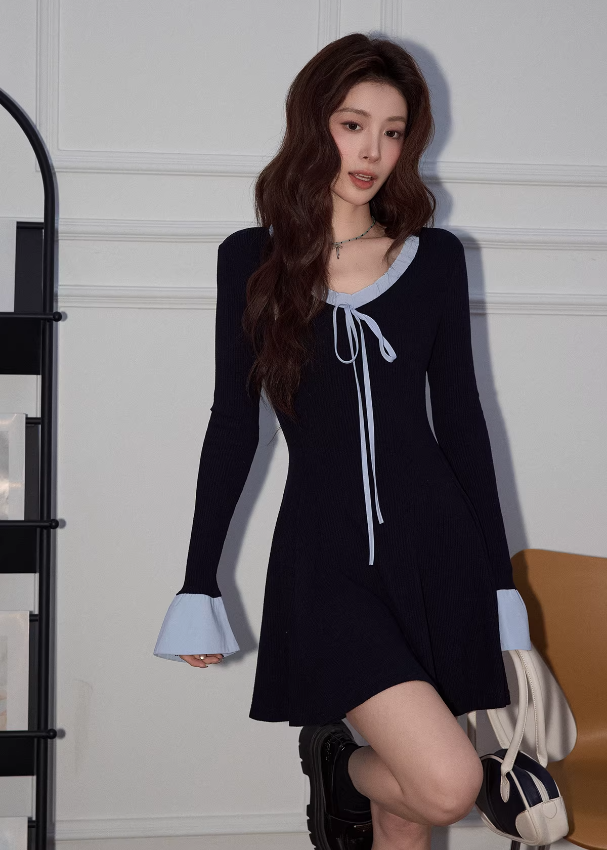 【即納】フレンチVネックニットドレスC3490