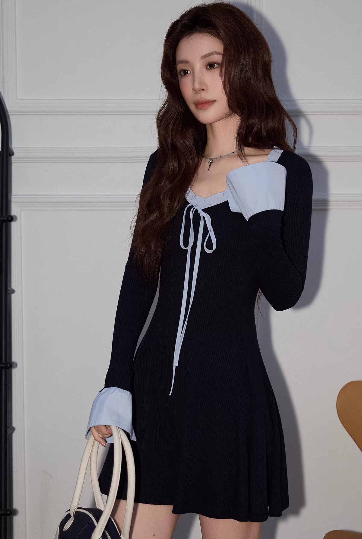 【即納】フレンチVネックニットドレスC3490