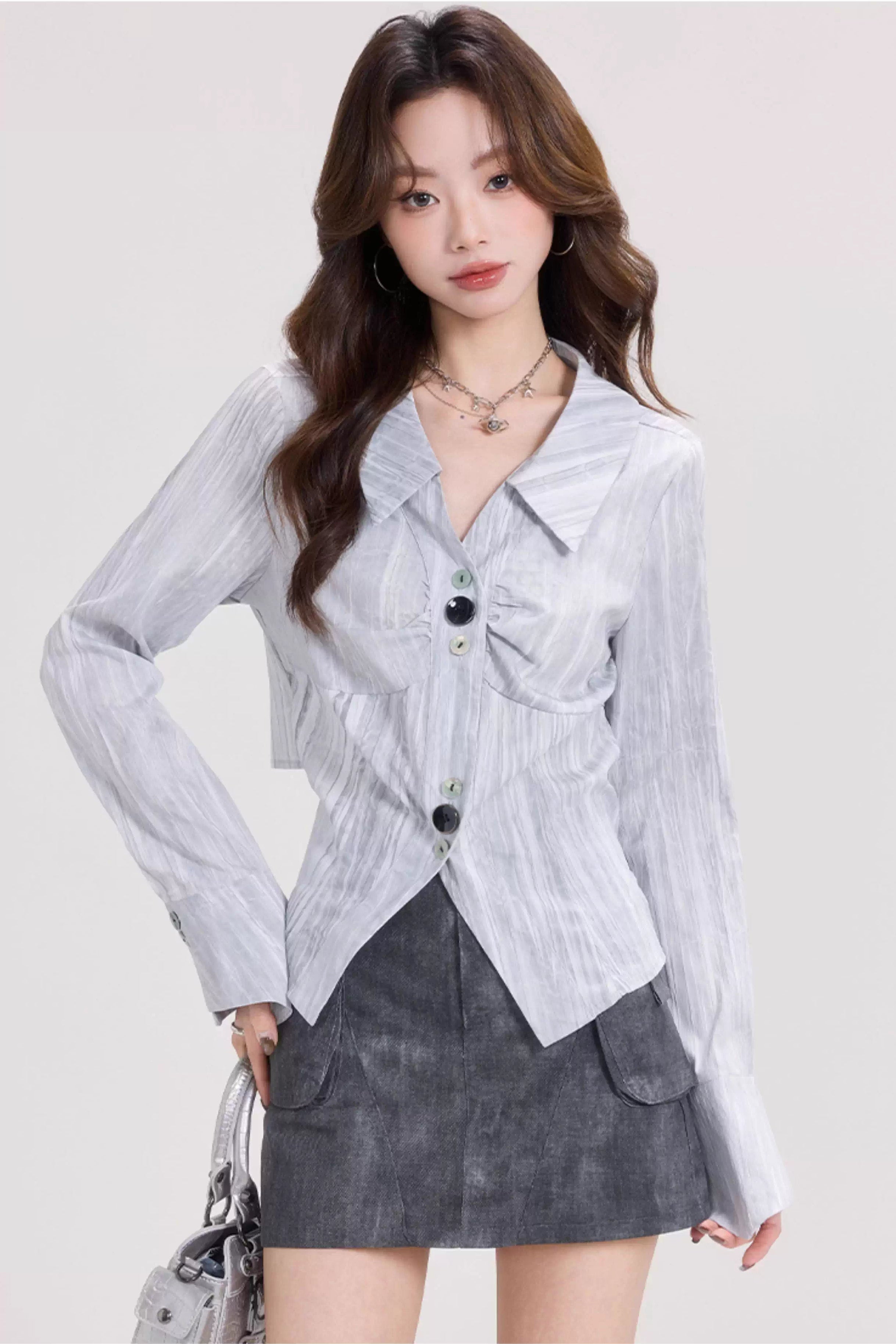 フレンチスタイルVネックトランペットトップスC3493