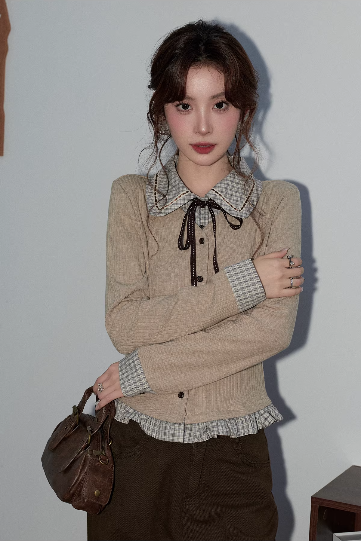 フェイク2ピースチェック柄ワークセーターC3495