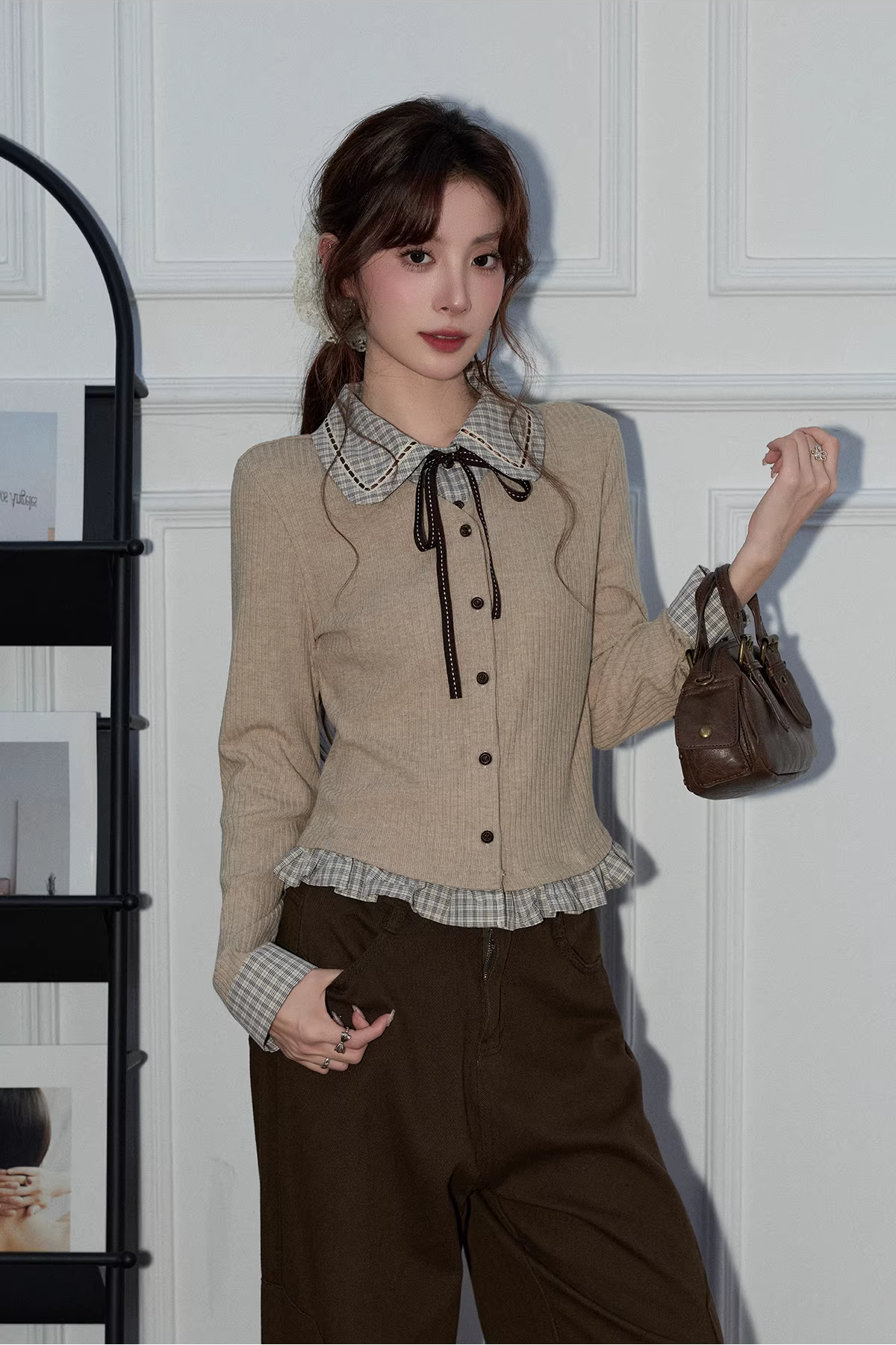 フェイク2ピースチェック柄ワークセーターC3495