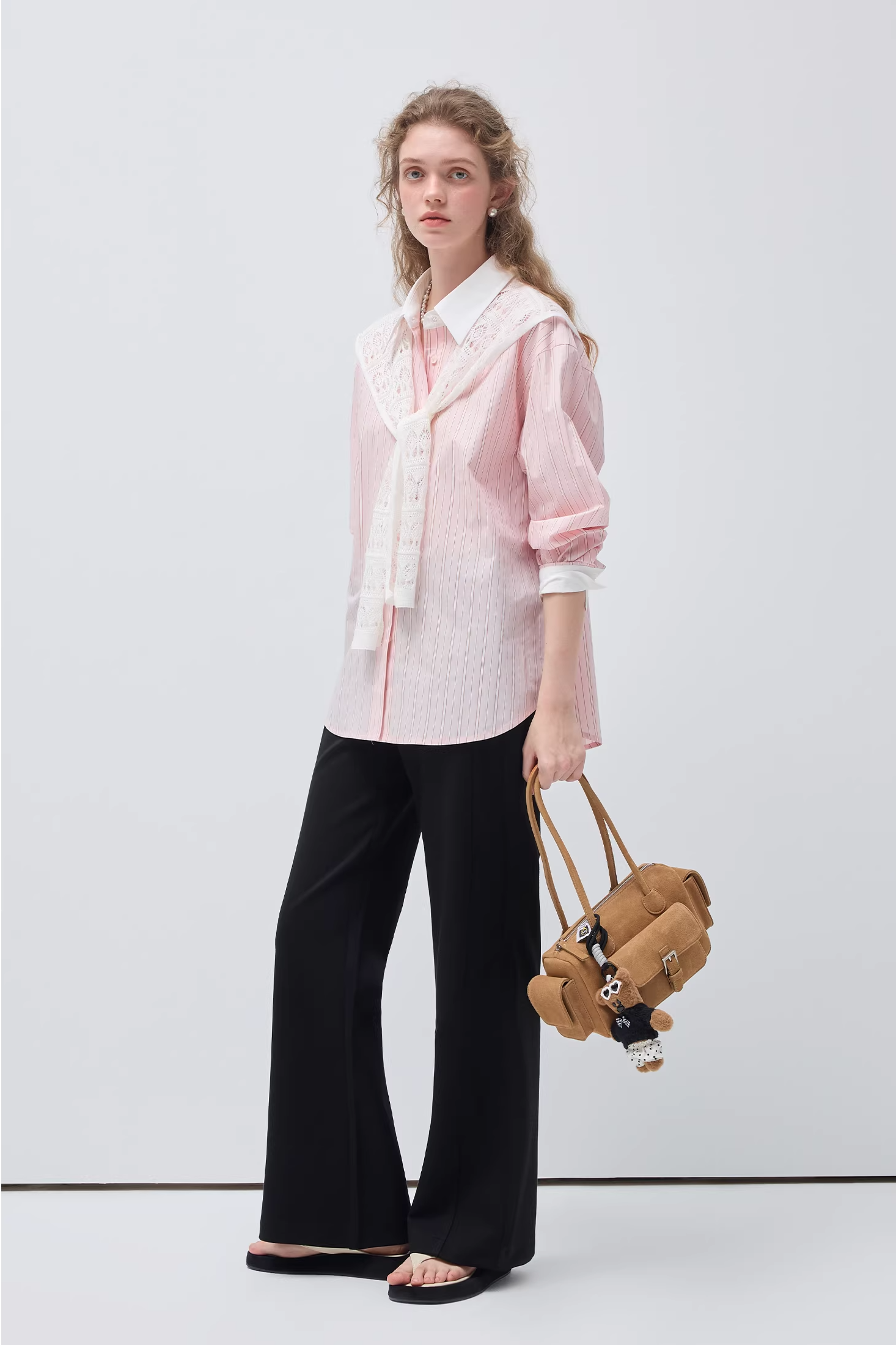 リヨセルピンクストライプレースショールシャツC3505