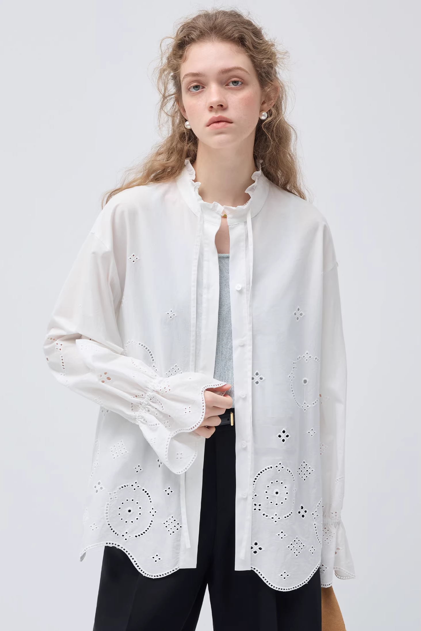 フランスライク刺繍ホローシャツC3508