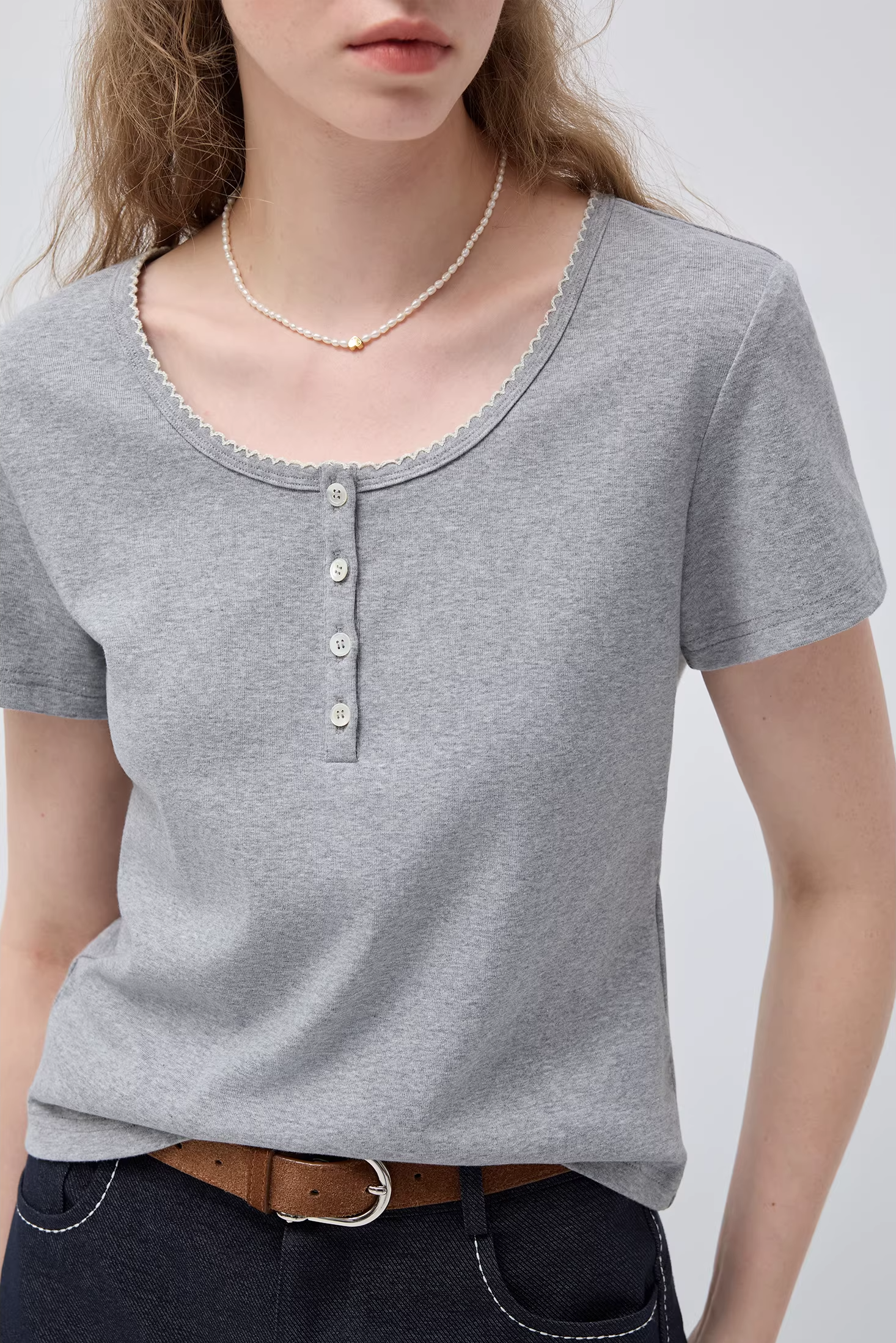 Uネック半開きボタンカーブエッジTシャツC3509