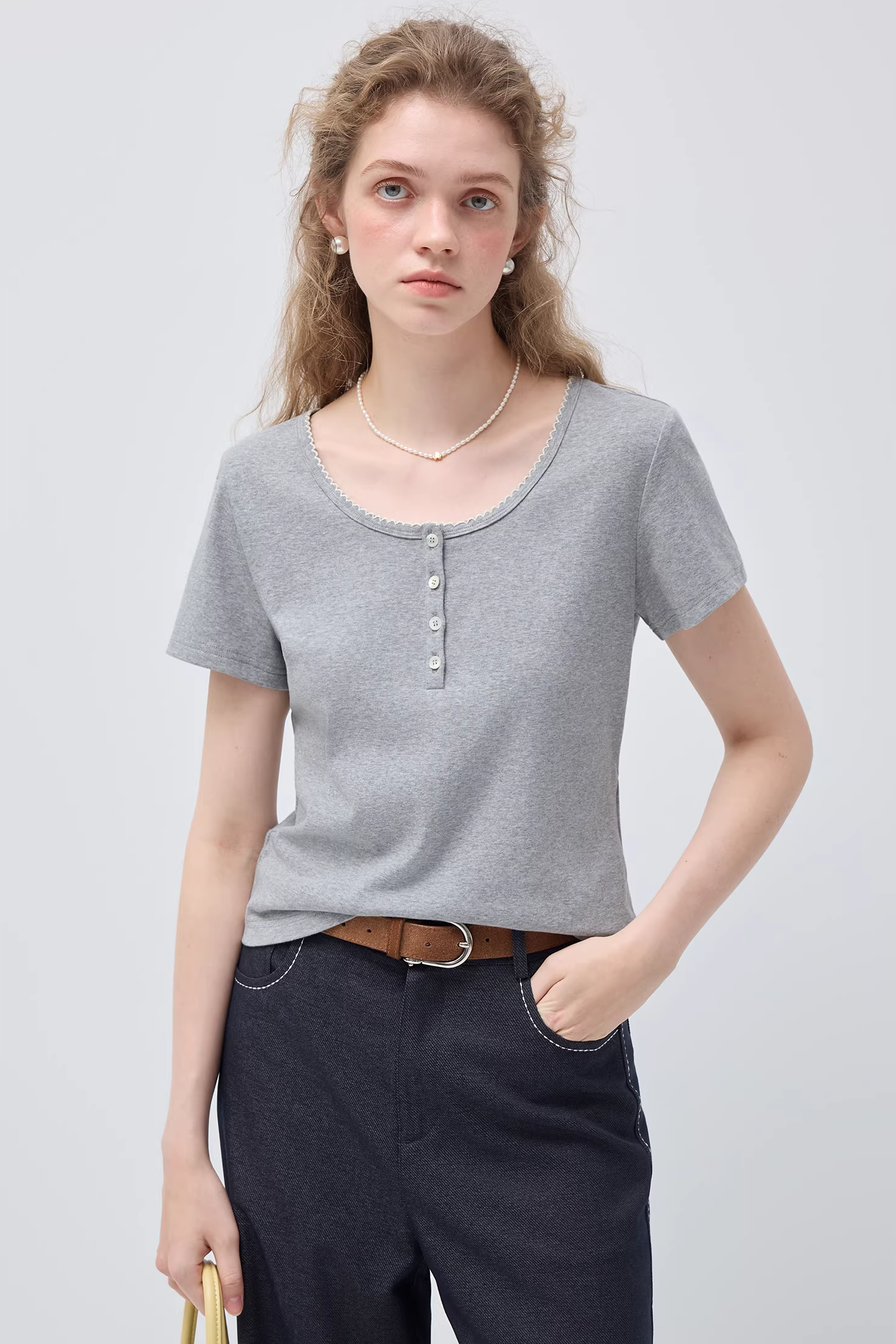 Uネック半開きボタンカーブエッジTシャツC3509