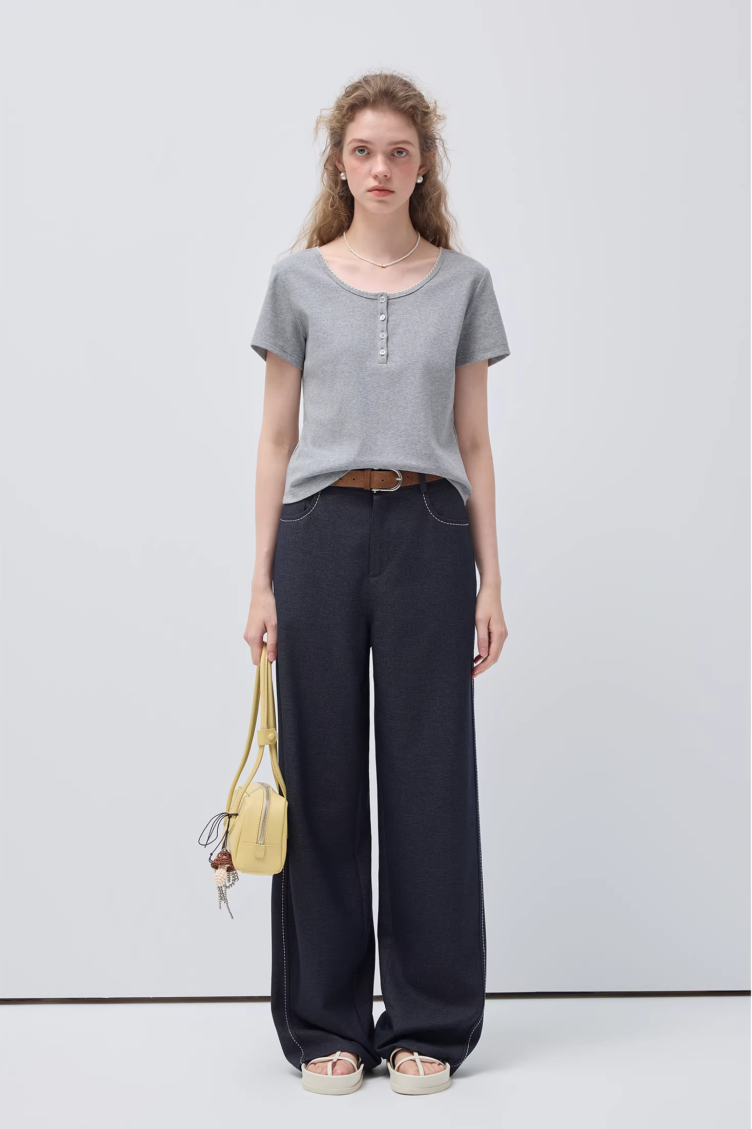 Uネック半開きボタンカーブエッジTシャツC3509