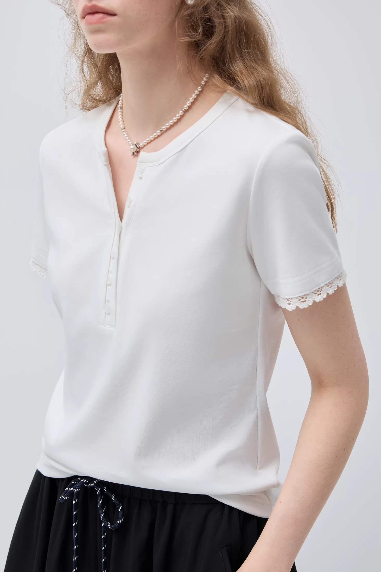 フロントハーフオープンパッチワークデザインTシャツC3513