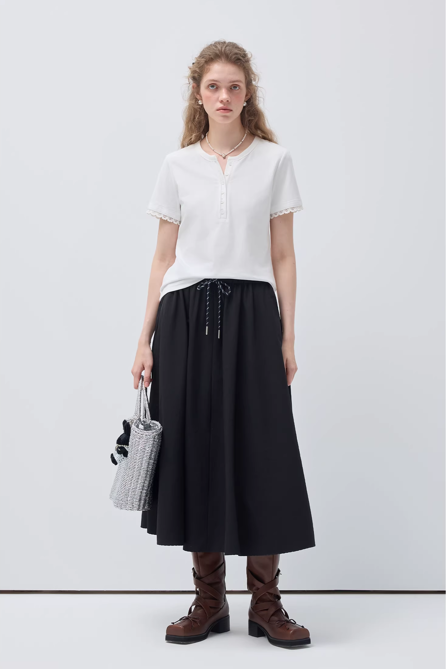 フロントハーフオープンパッチワークデザインTシャツC3513