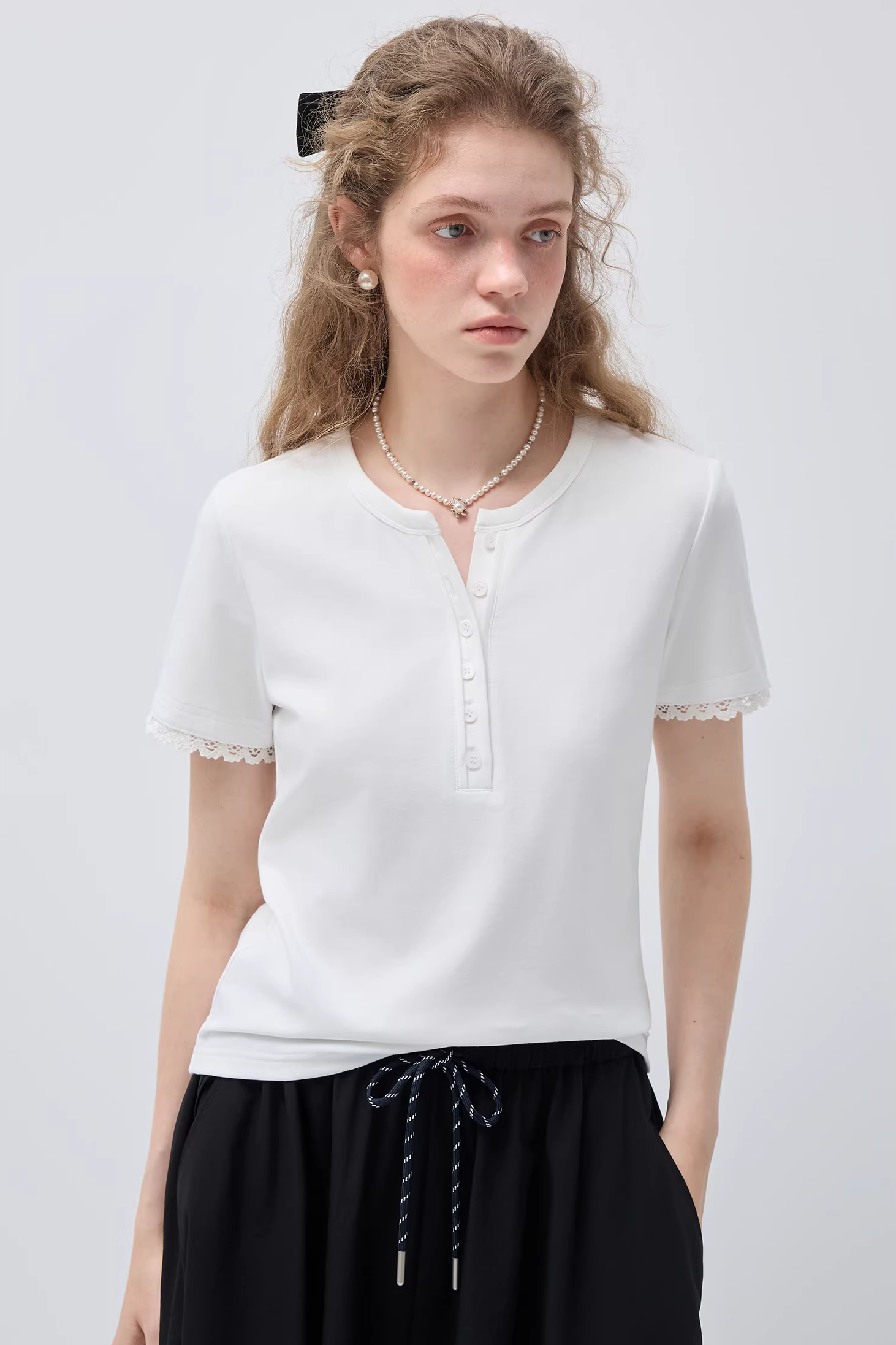 フロントハーフオープンパッチワークデザインTシャツC3513