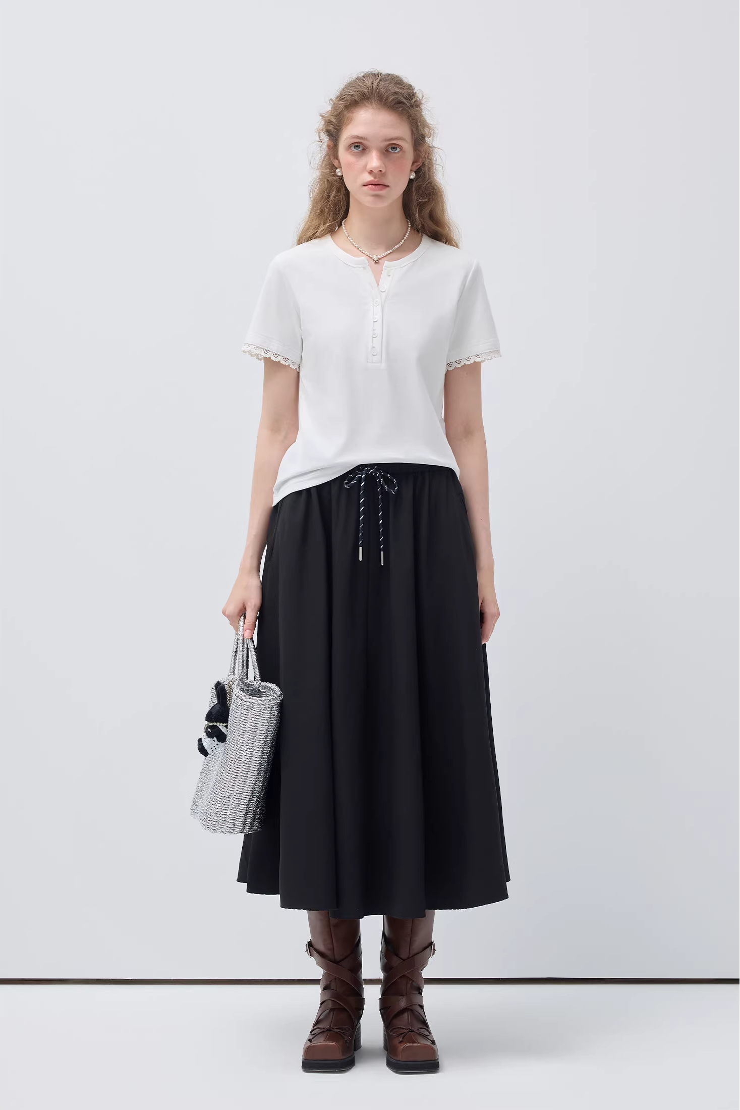 フロントハーフオープンパッチワークデザインTシャツC3513