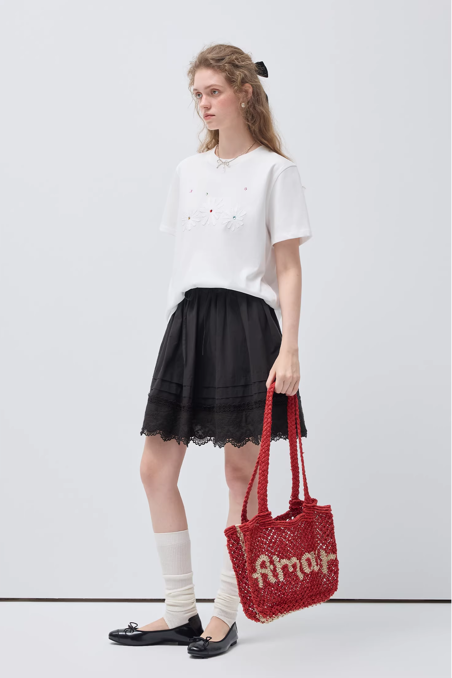 ラウンドネックパッチ刺繍入りカジュアルTシャツC3517