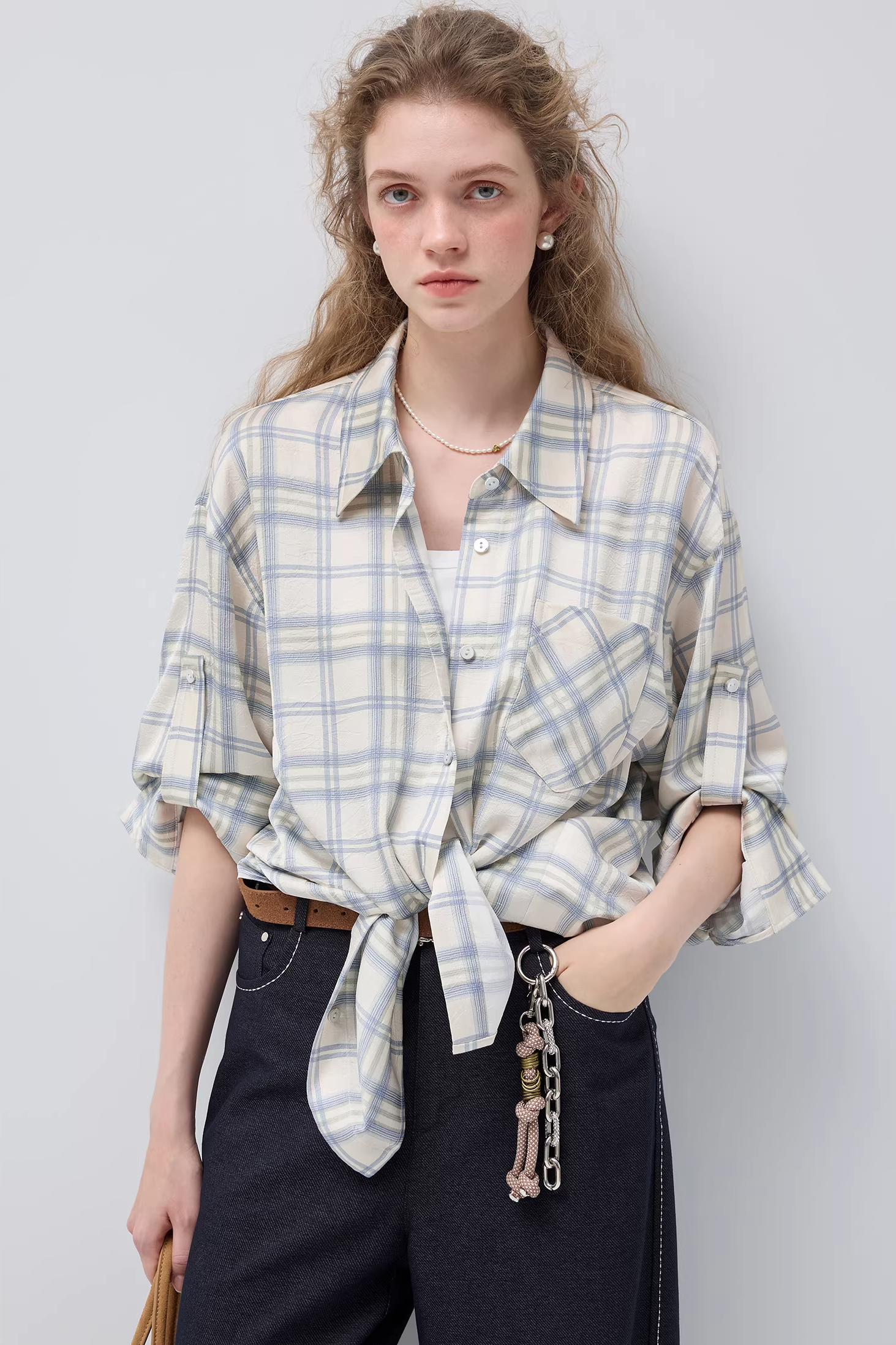 チェック柄ラペルアジャスタブルスリーブバンドシャツC3519