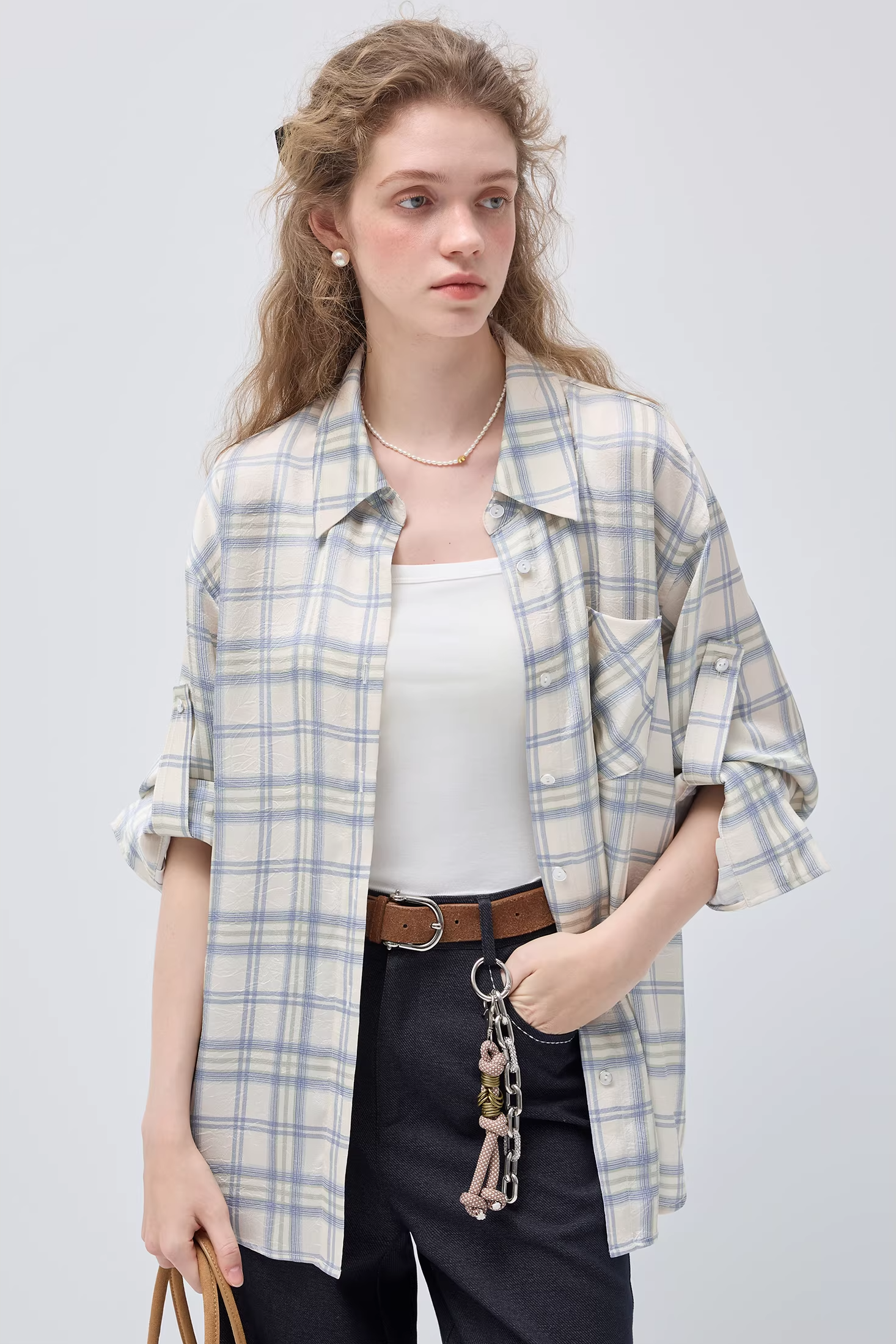 チェック柄ラペルアジャスタブルスリーブバンドシャツC3519