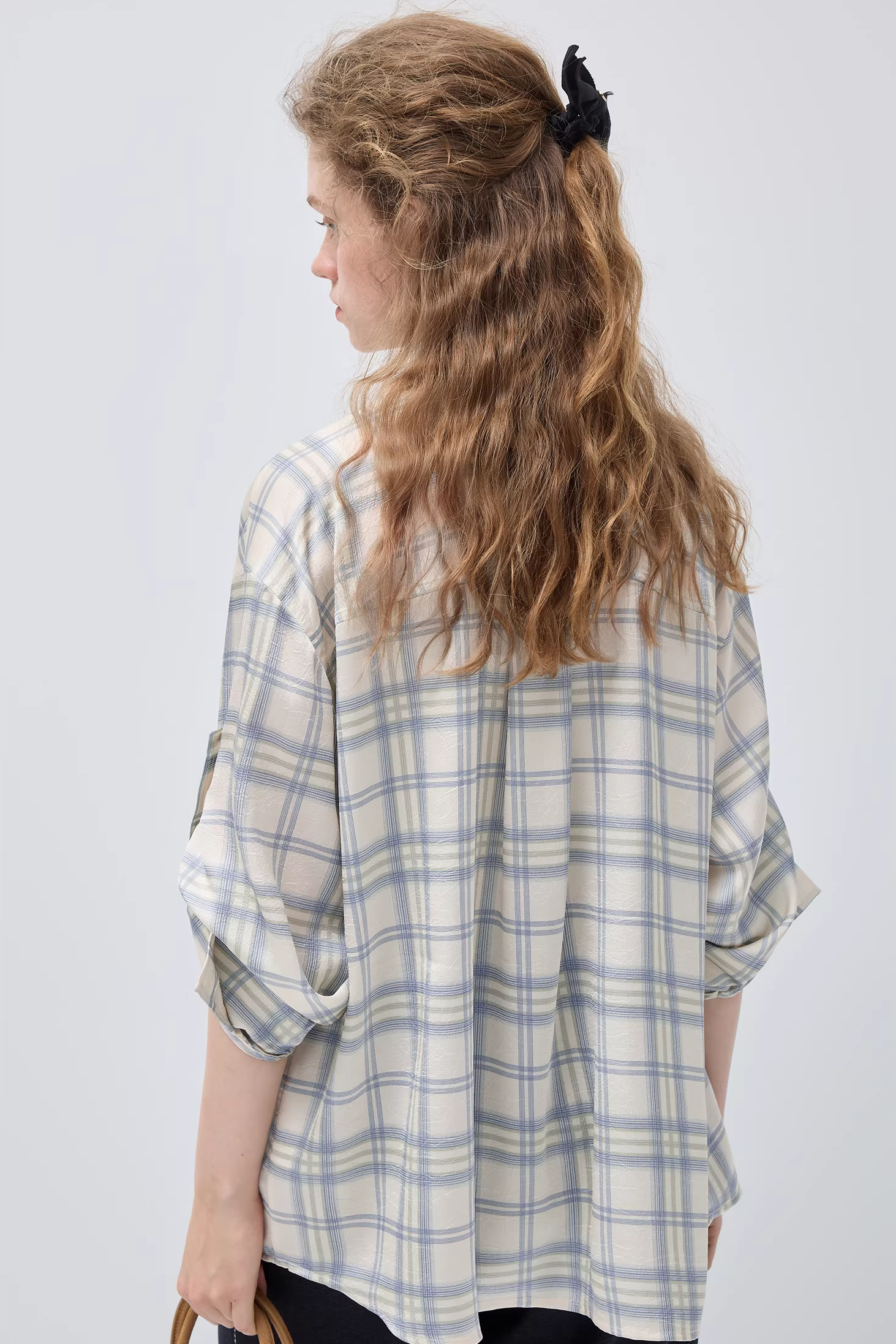 チェック柄ラペルアジャスタブルスリーブバンドシャツC3519