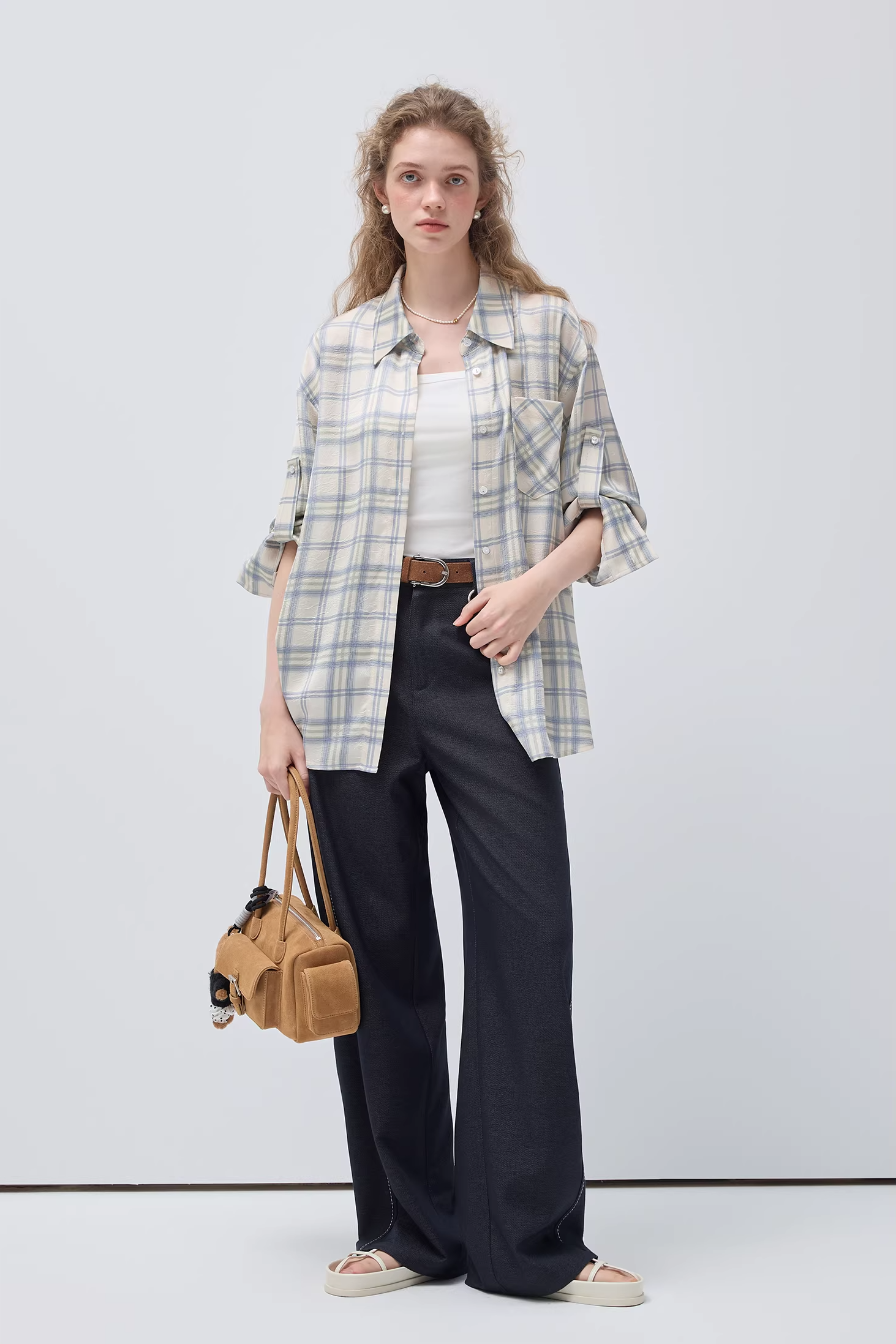 チェック柄ラペルアジャスタブルスリーブバンドシャツC3519