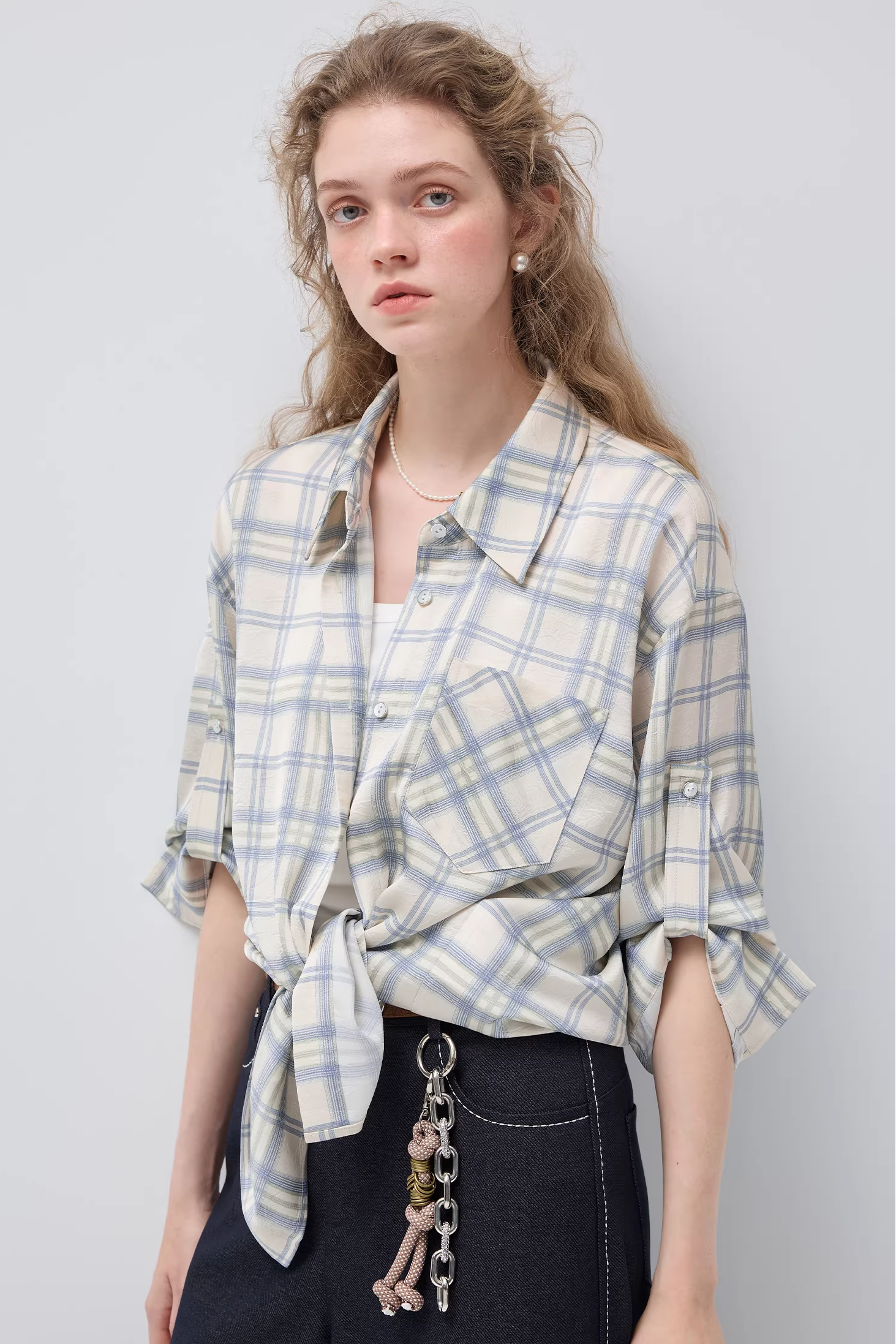 チェック柄ラペルアジャスタブルスリーブバンドシャツC3519