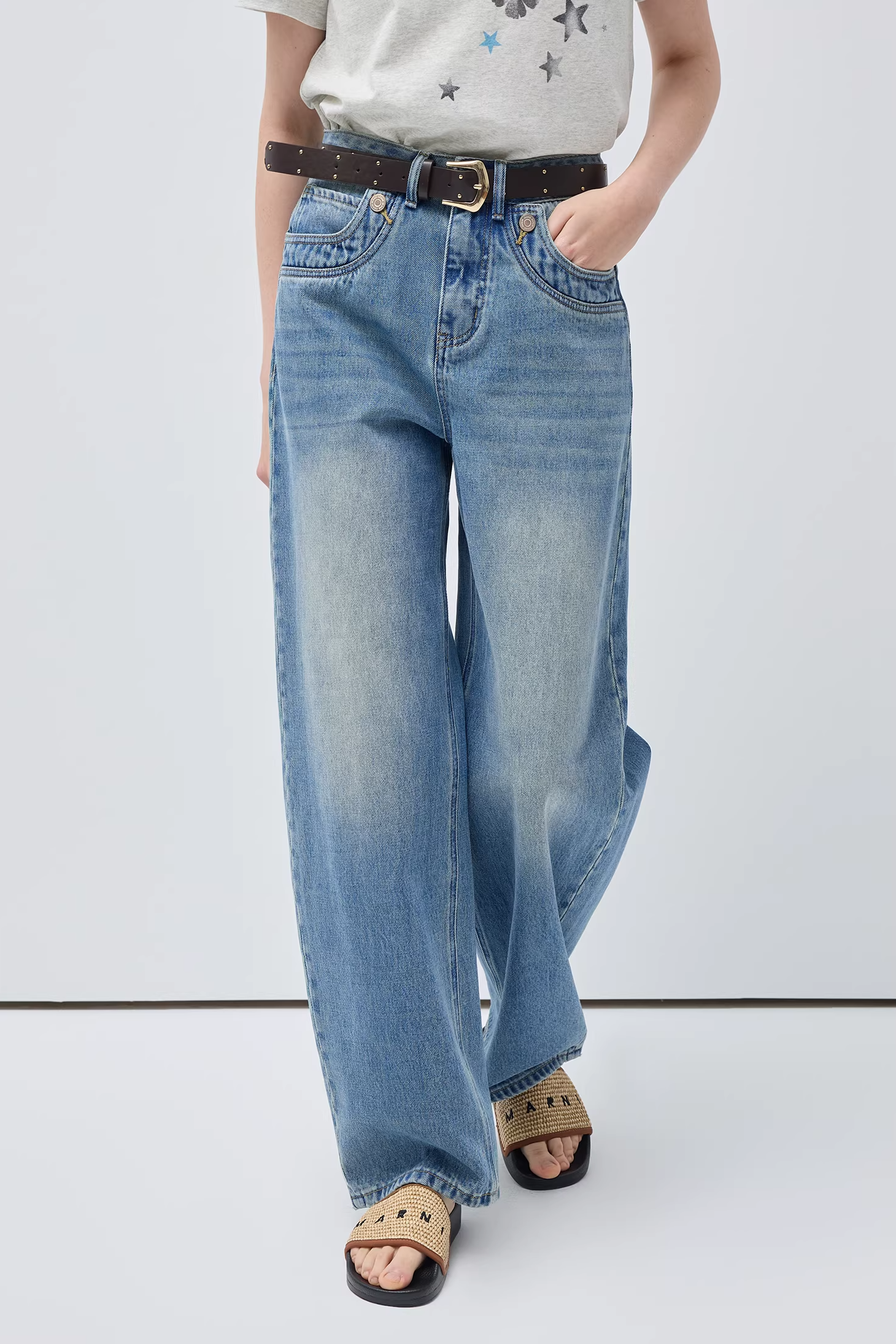 レトロハイウエストワイドレッグジーンズC3523