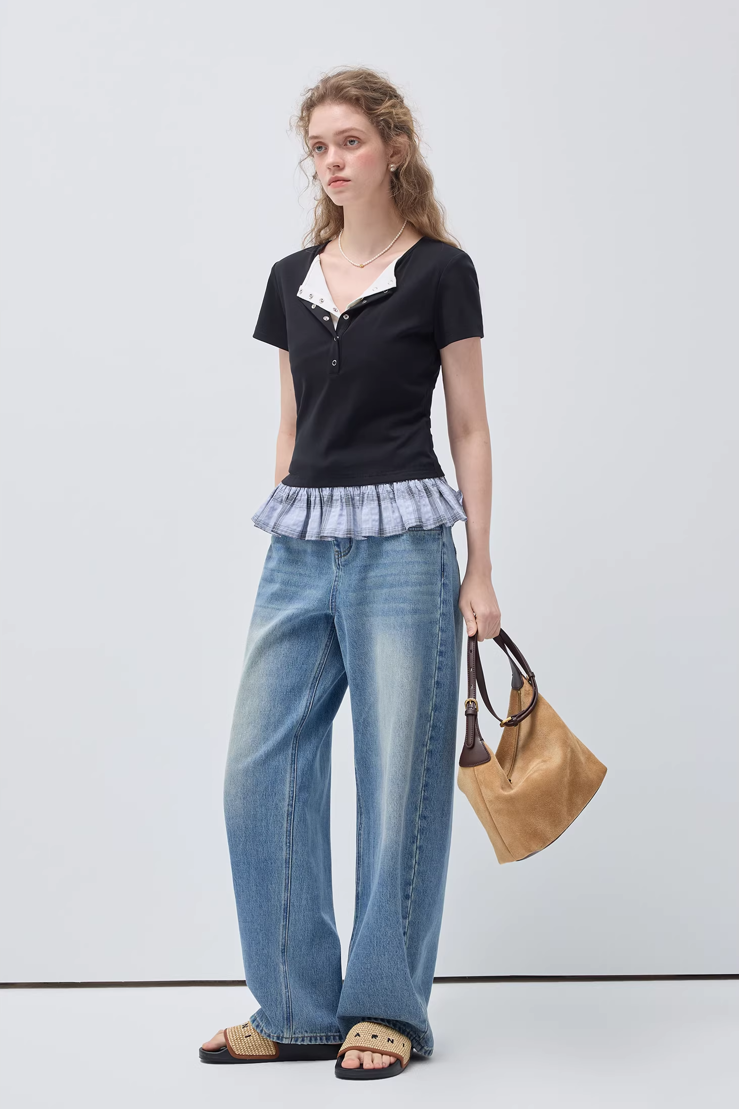 レトロハイウエストワイドレッグジーンズC3523