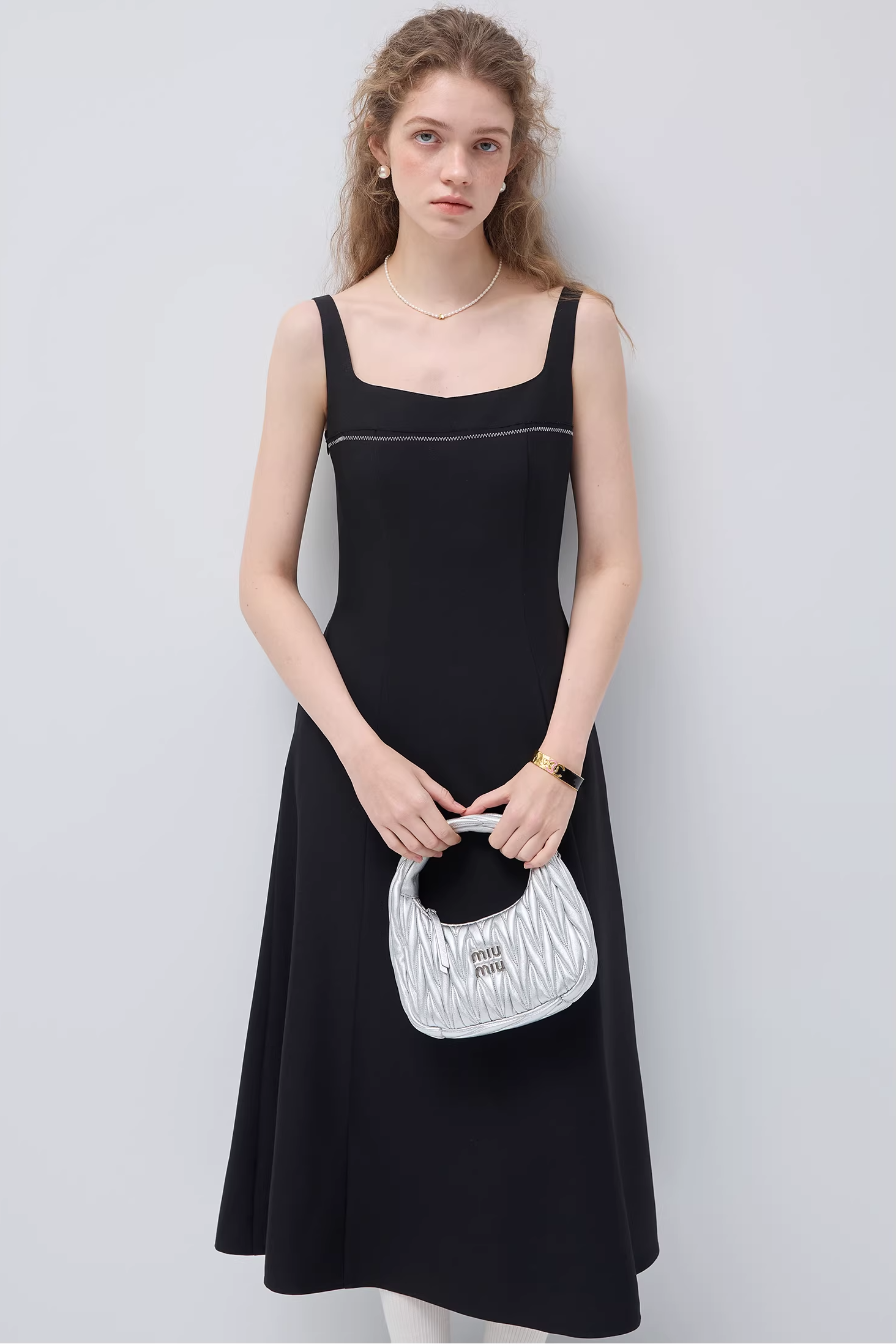 スクエアネックスパゲッティストラップウエストドレスC3535