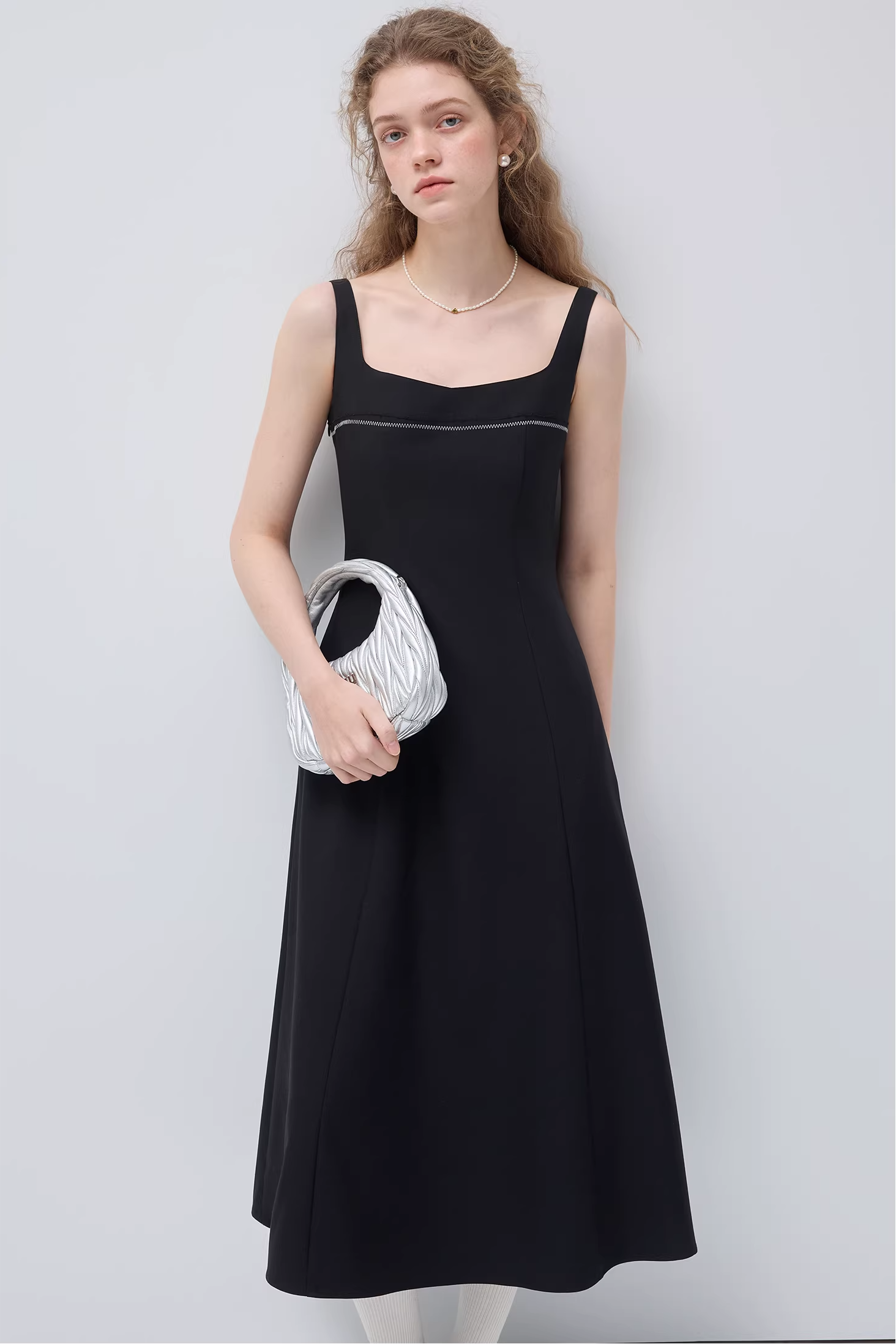 スクエアネックスパゲッティストラップウエストドレスC3535