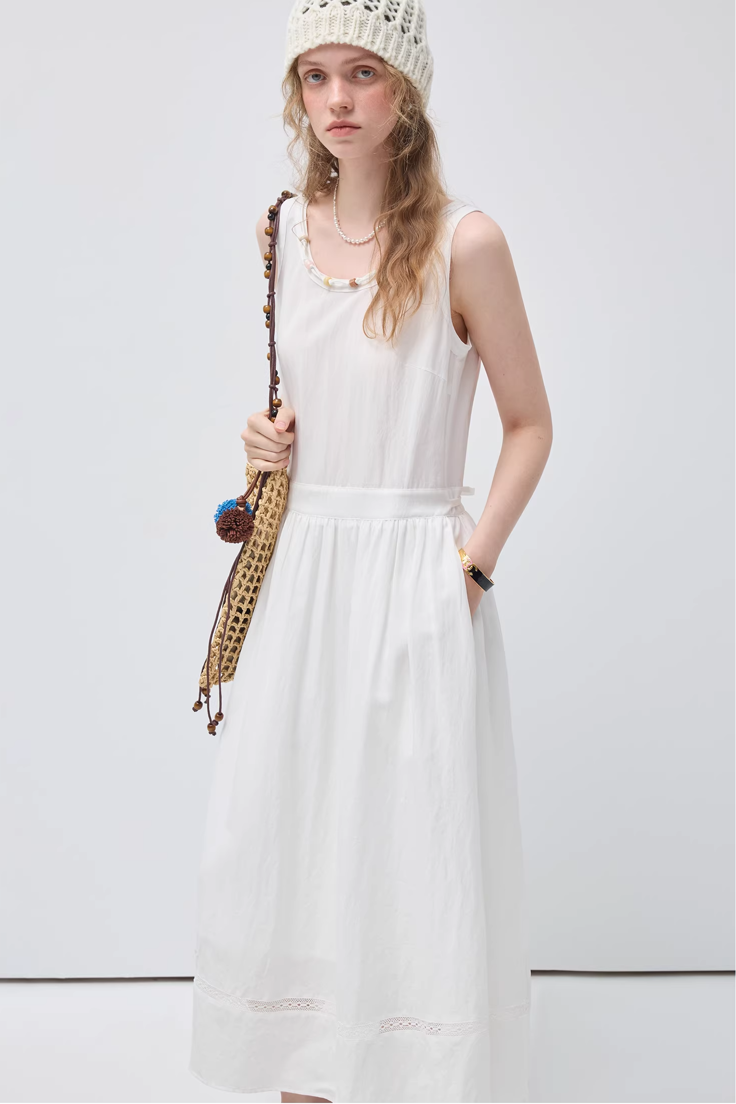 ビーズレースパッチワークベストドレスC3537